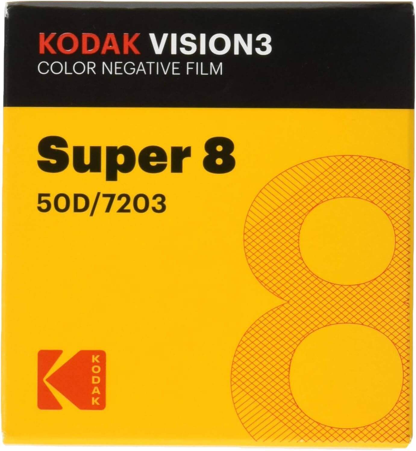 Kodak Vision3 Super 8 Color Negative Film 50D/7203 packaging in yellow and black.