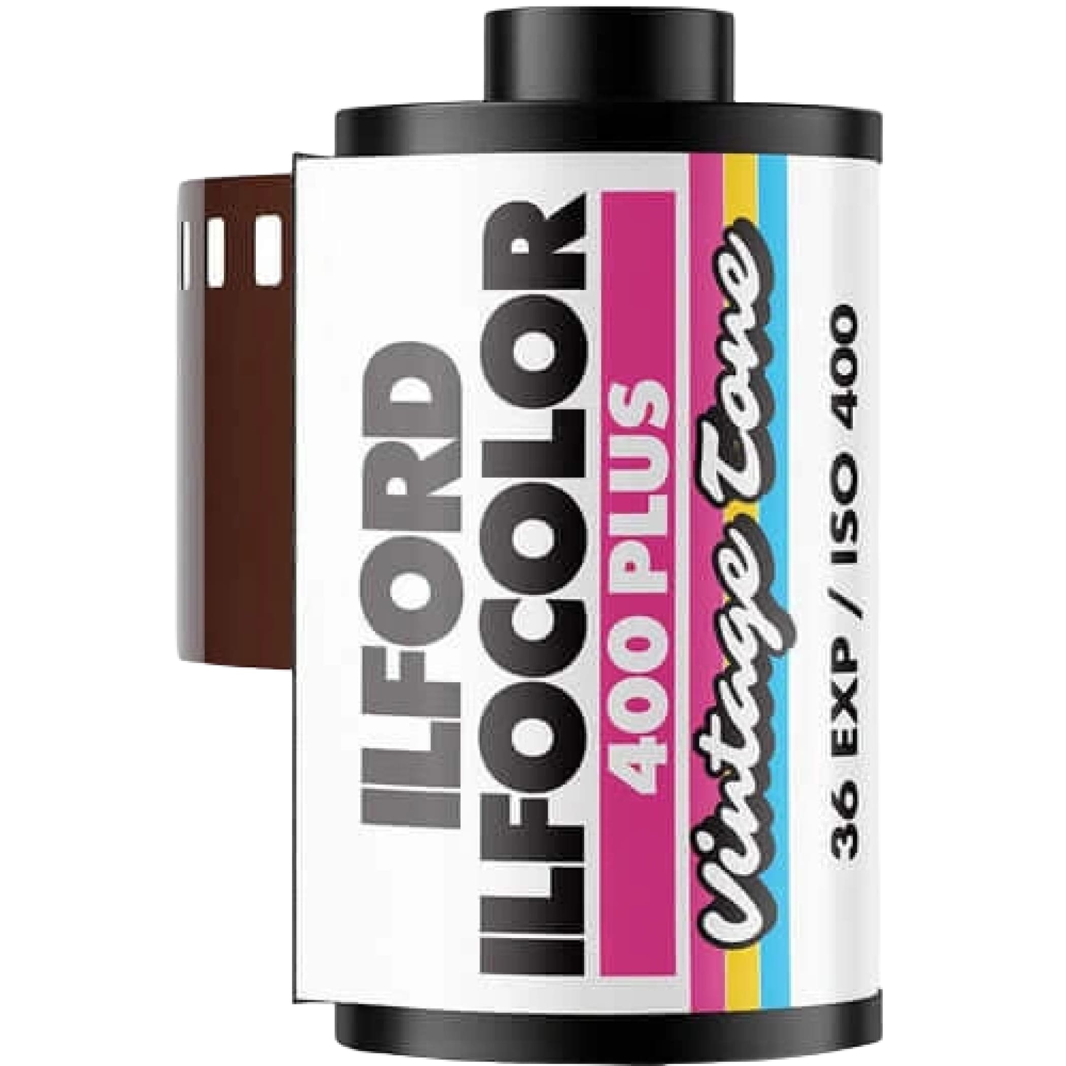 Ilford ilfocolor 400 plus vintage tone film roll, featuring a white label with bold black text and vibrant pink, yellow, and blue stripes.