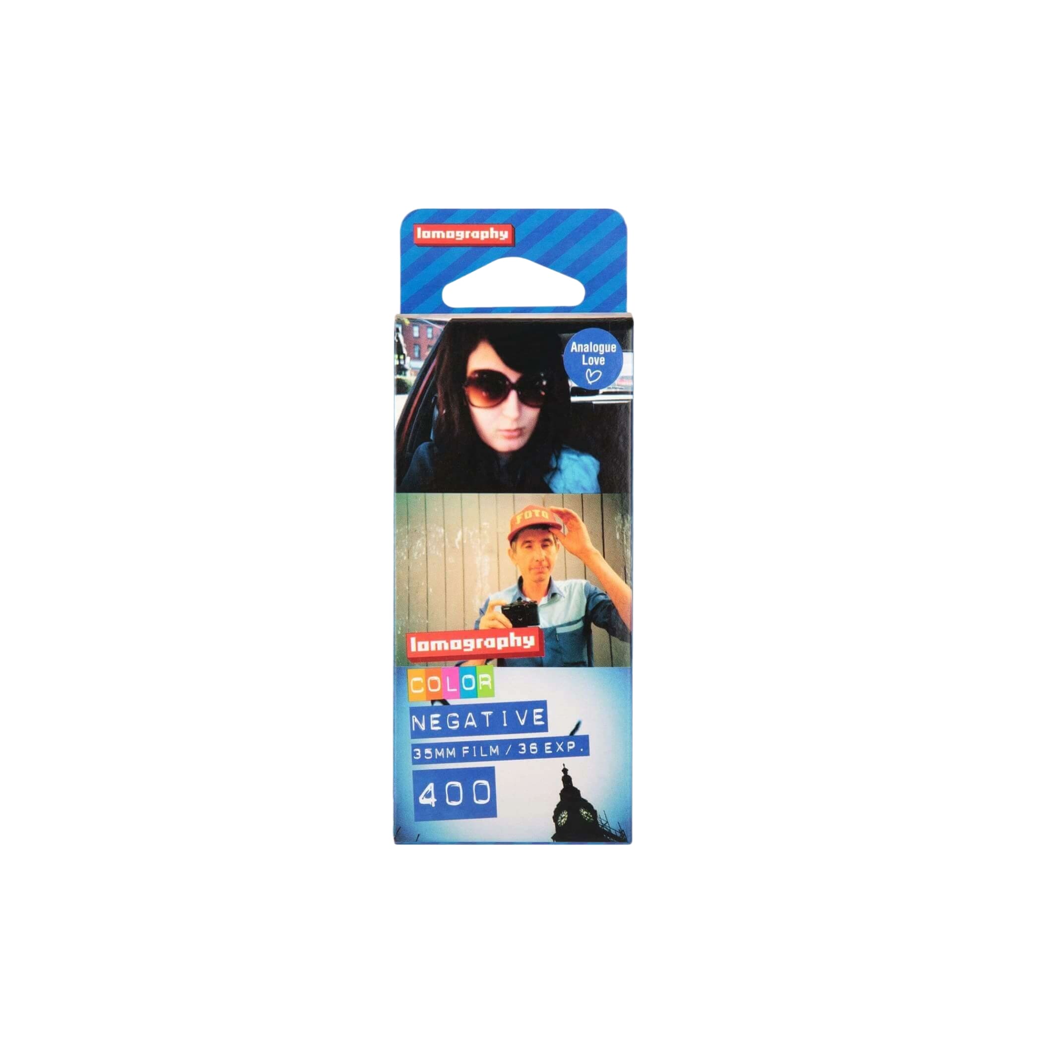 Lomography color negative 35mm film pack, featuring a blue and white cardboard box with images of people wearing sunglasses.