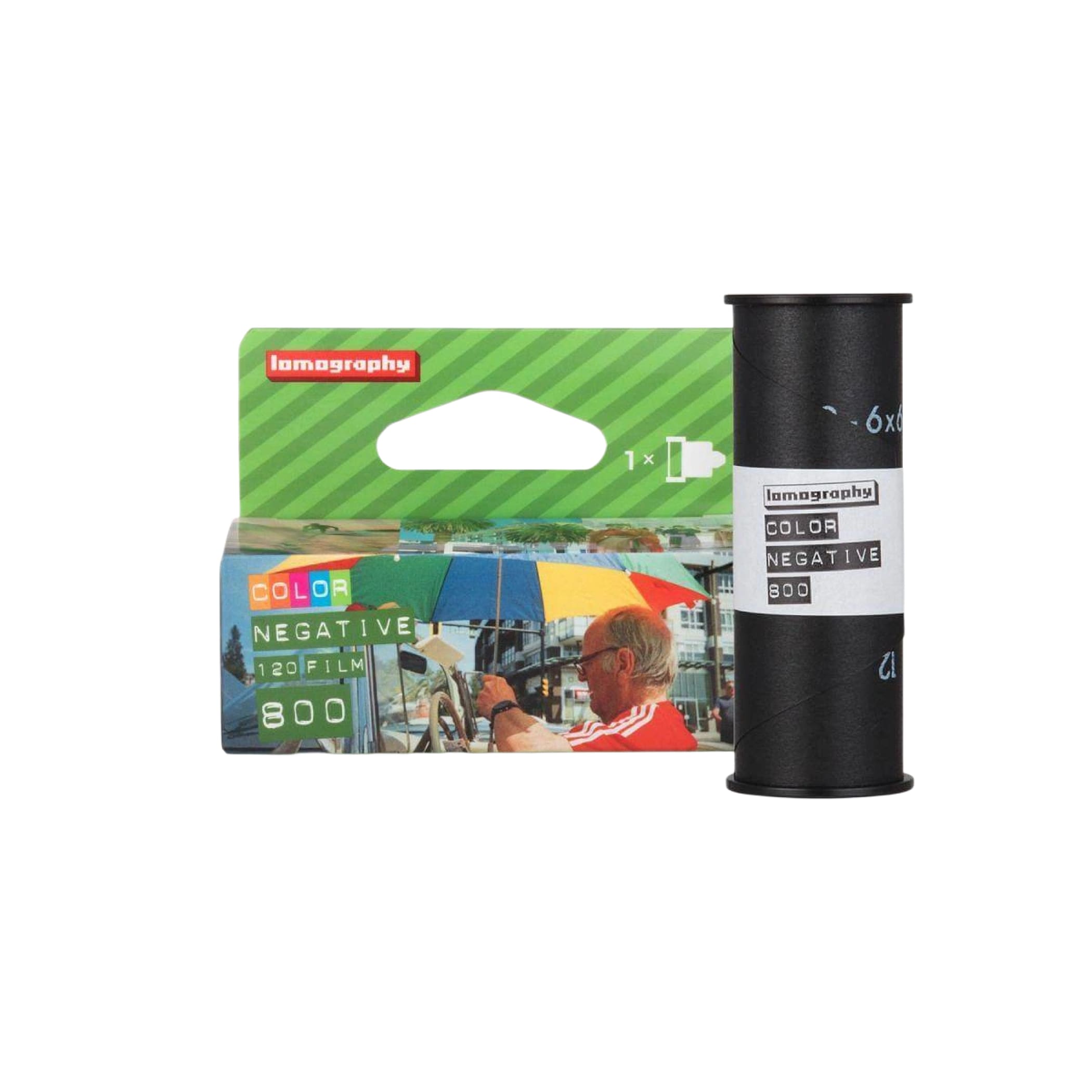 Lomography color negative 800 film in a green and blue box with black roll, featuring vibrant street scene imagery.
