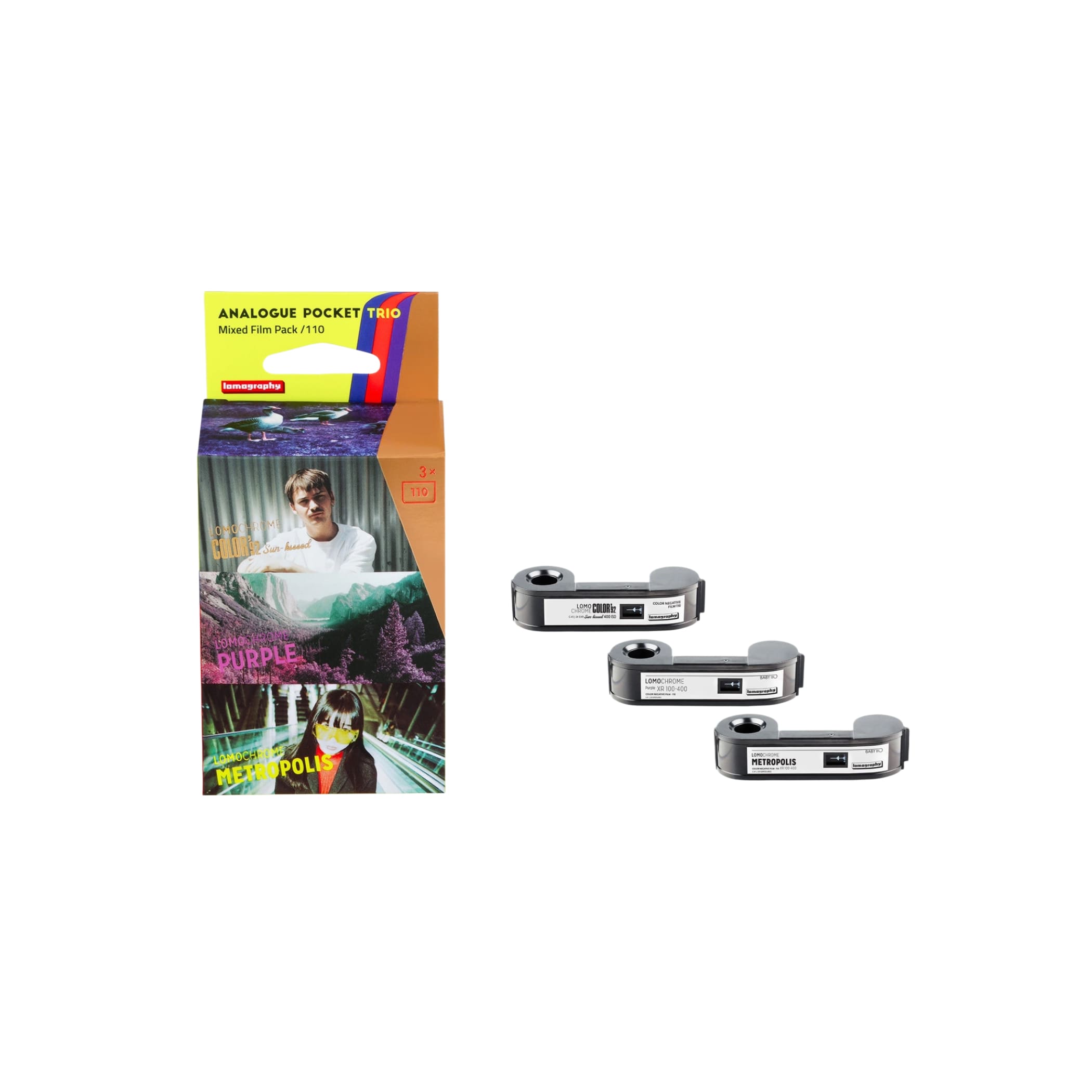Lomography analog pocket trio mixed film pack featuring three silver-colored 35mm roll films in a colorful box with purple and orange accents.