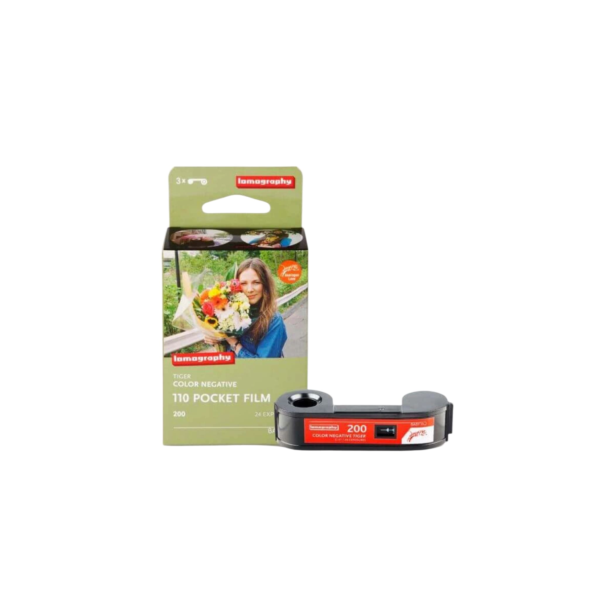 Lomography t10 color negative pocket film, 200 iso, in a sleek black and red cartridge with green packaging.