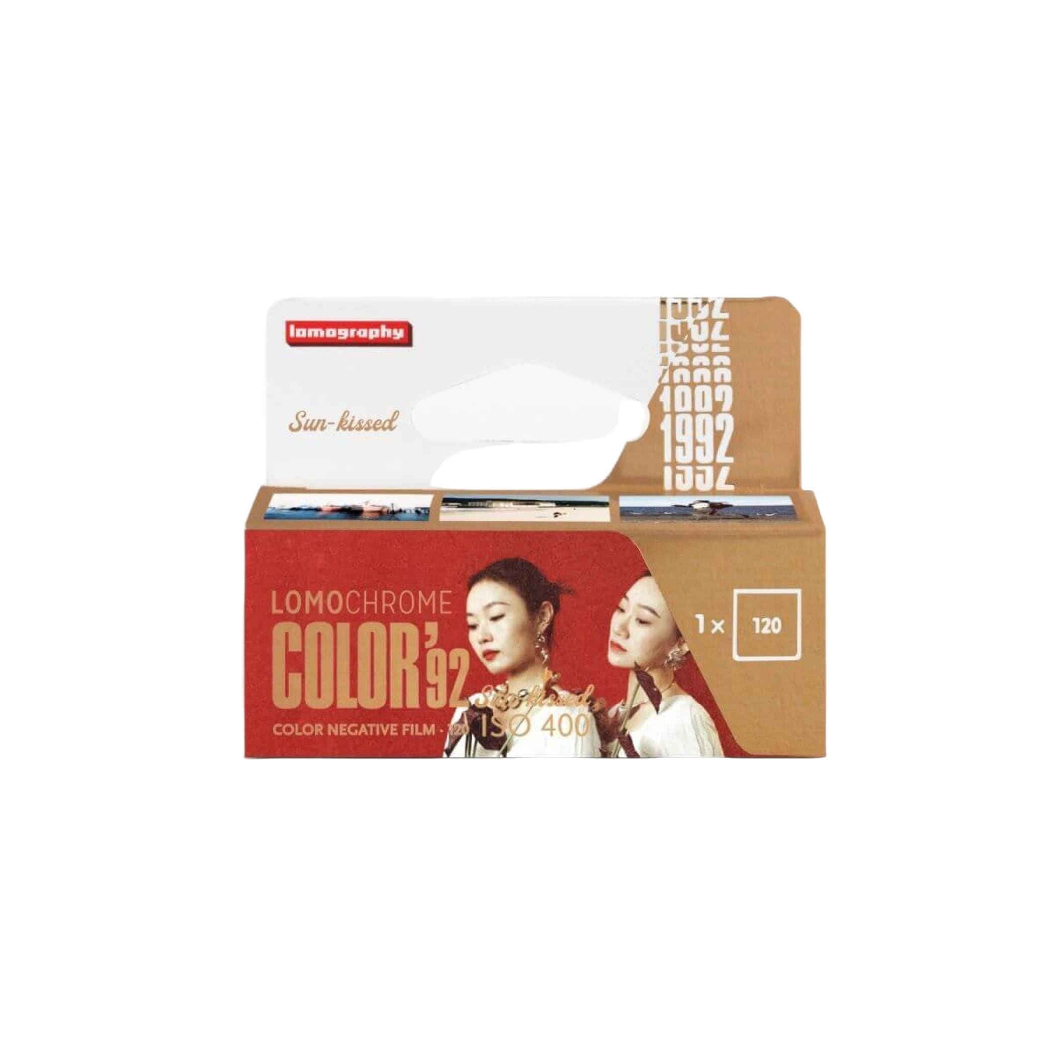 Lomography lomochrome color 92 color negative film in a red and brown cardboard box with images of two women on the front.