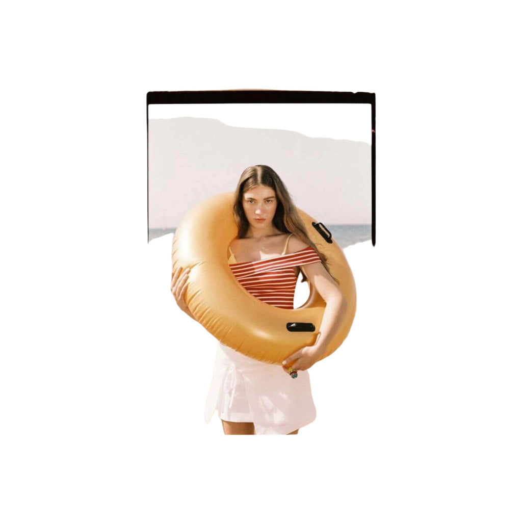 Yellow inflatable swim ring with black handles