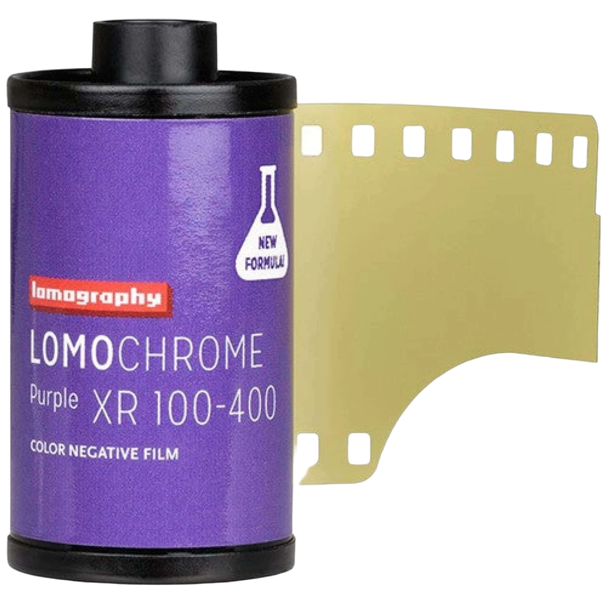 Purple lomography lomochrome purple xr 100-400 color negative film canister with a gold-colored strip of photographic film partially unspooled.
