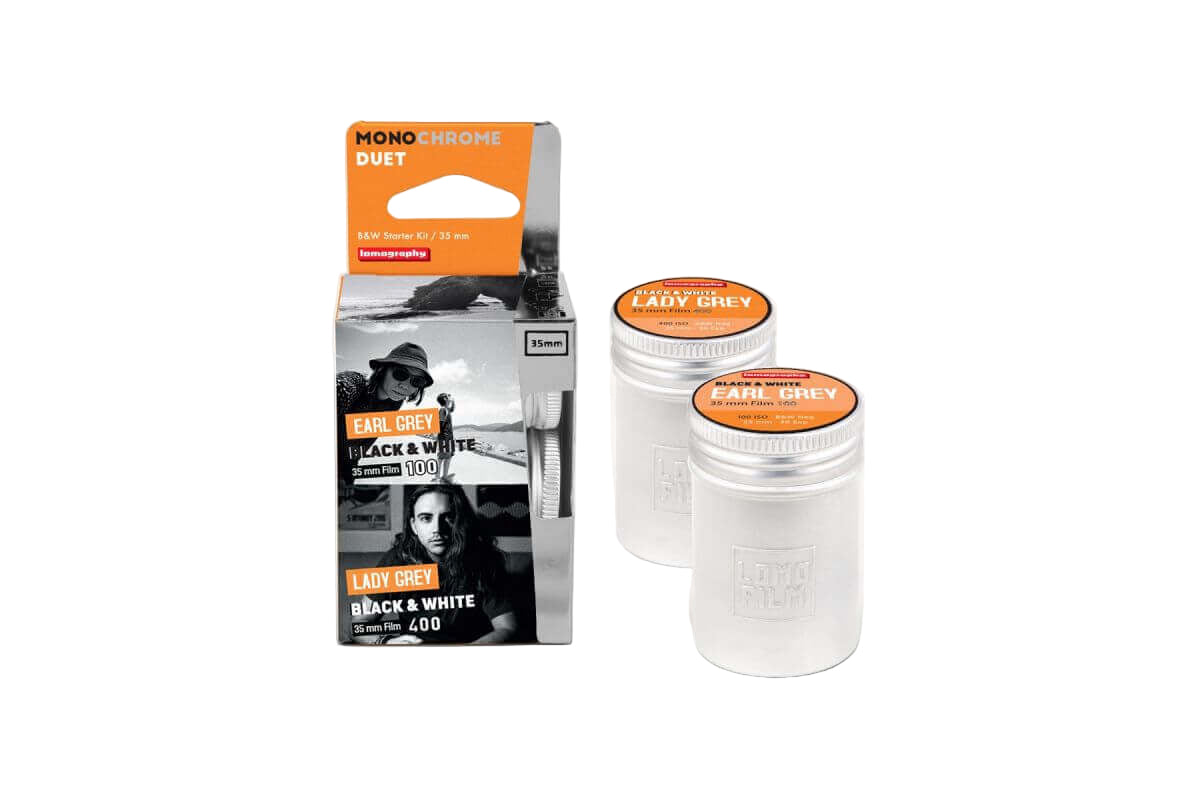 Lomography Monochrome Duet B&W Starter Kit featuring Lady Grey and Earl Grey films in stylish packaging.