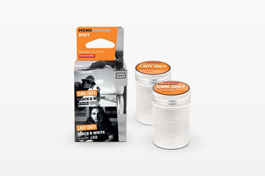 Lomography Monochrome Duet B&W Starter Kit featuring Lady Grey and Earl Grey films in stylish packaging.