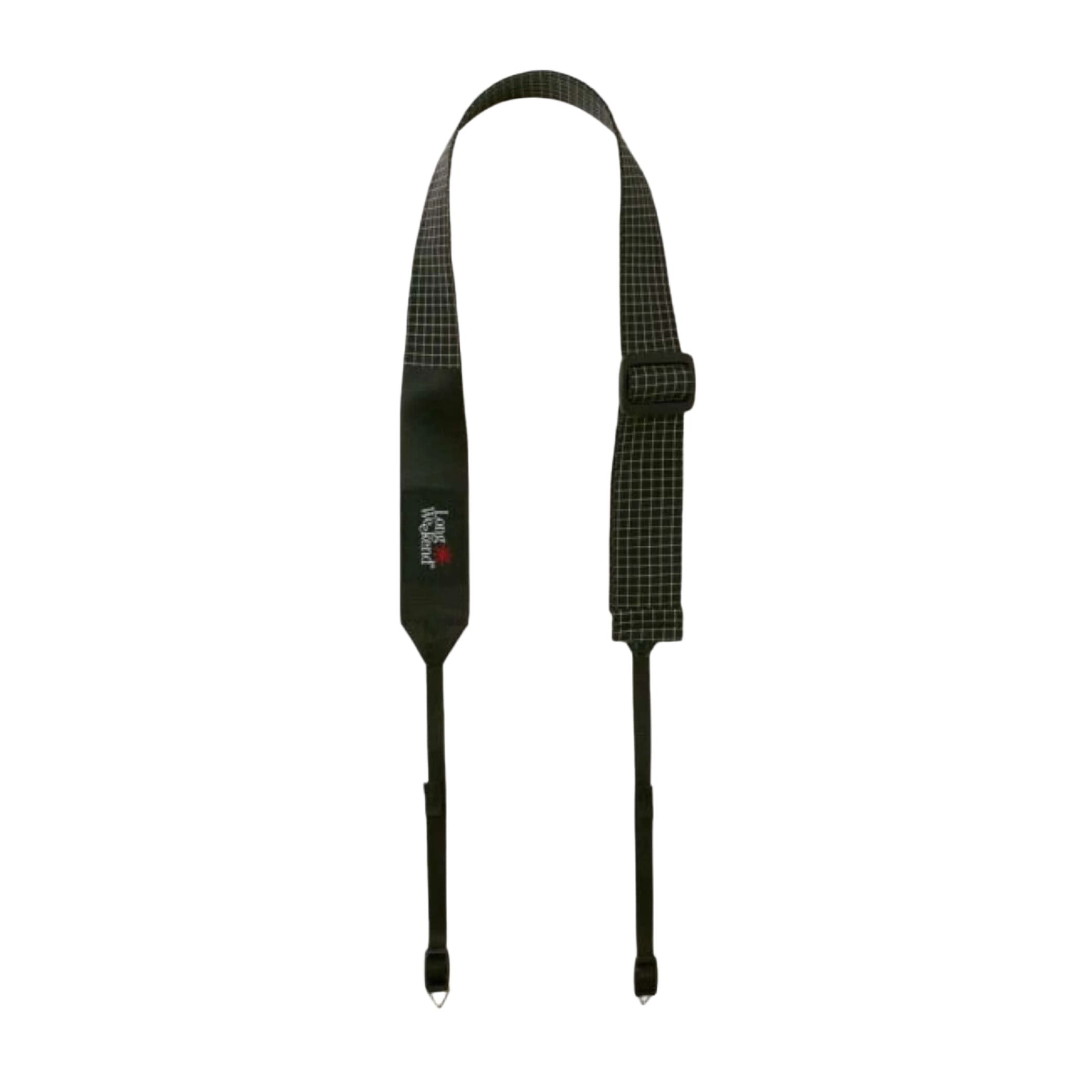 Black camera strap with a subtle grid pattern and adjustable buckle.