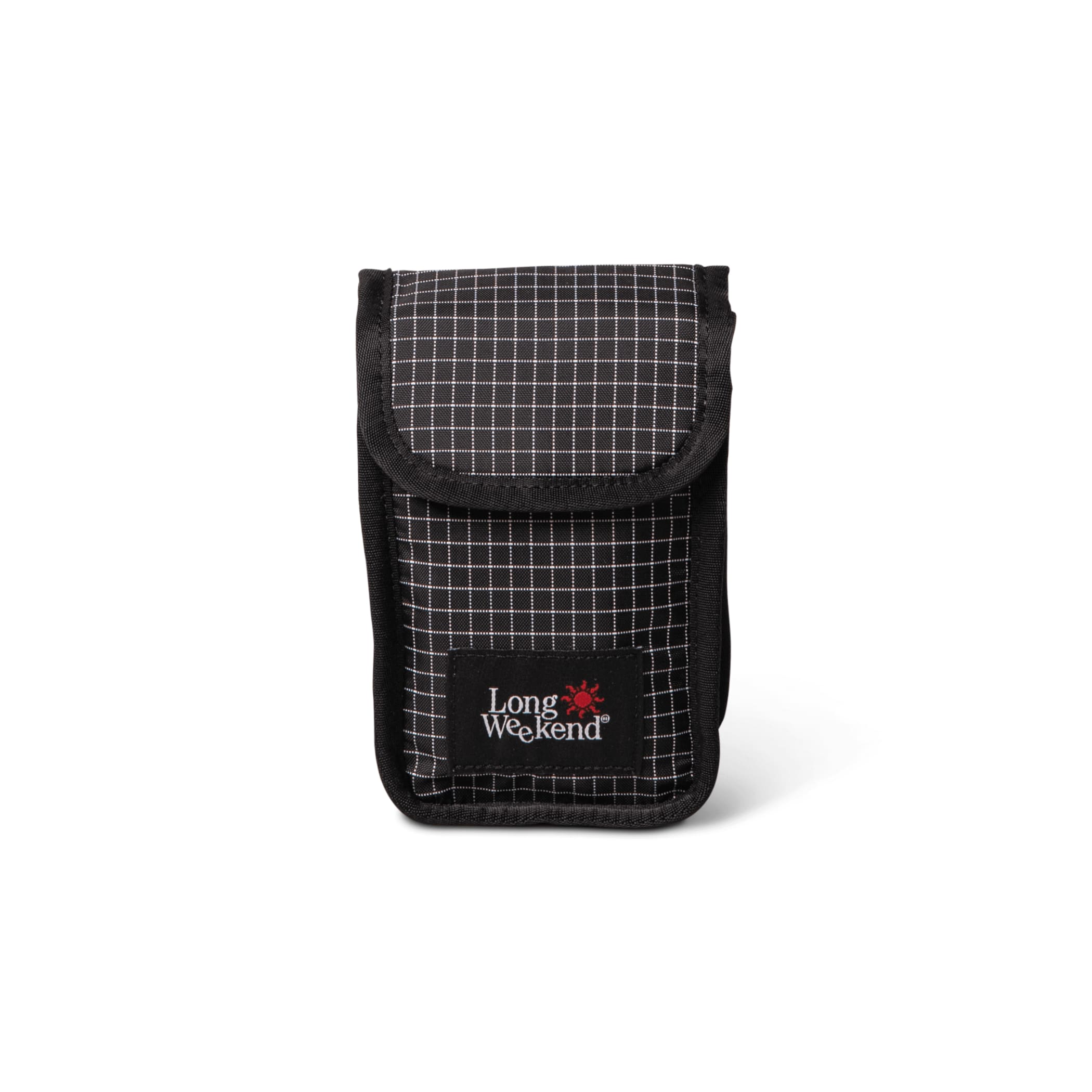 Black and white grid-patterned long weekend phone pouch with a black fabric flap.