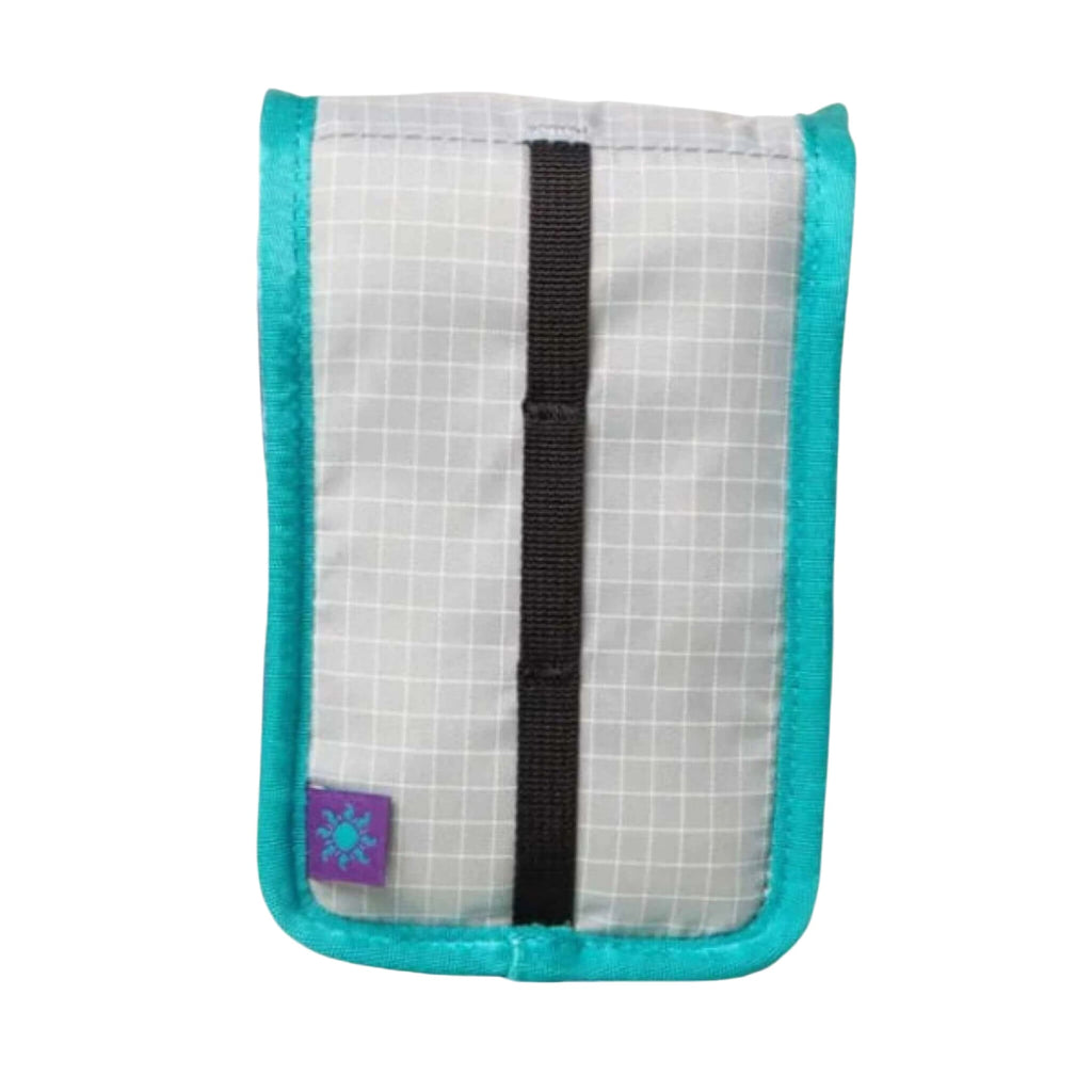 A compact, rectangular pouch with a white grid-patterned fabric body and vibrant teal trim along the edges.