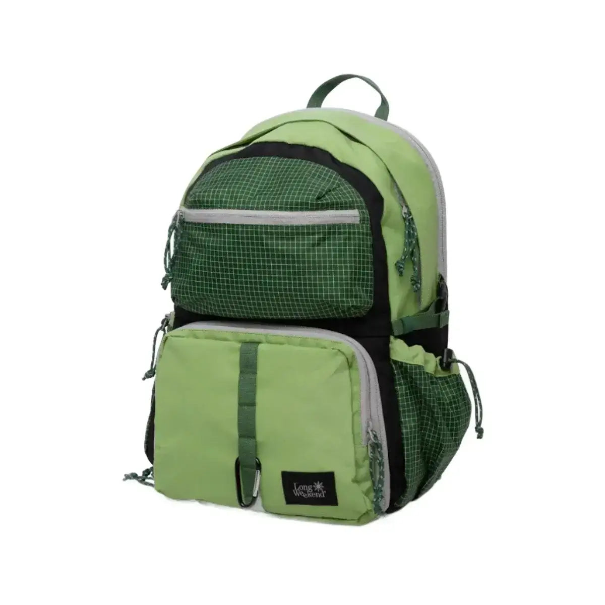 Green and black hiking backpack with multiple compartments and side pockets, perfect for outdoor adventures and travel gear storage.