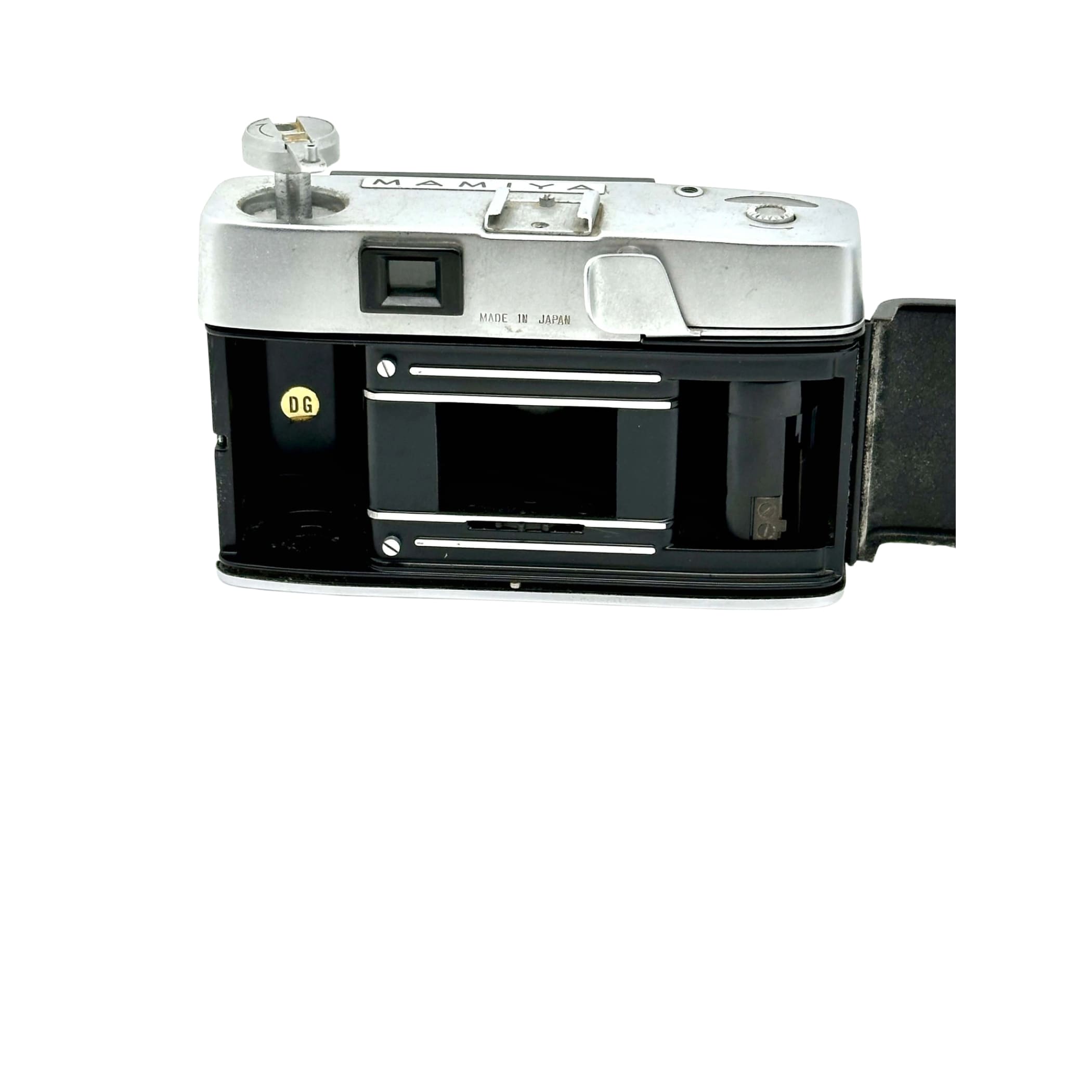 Silver and black mamiya film camera with a classic rangefinder design.