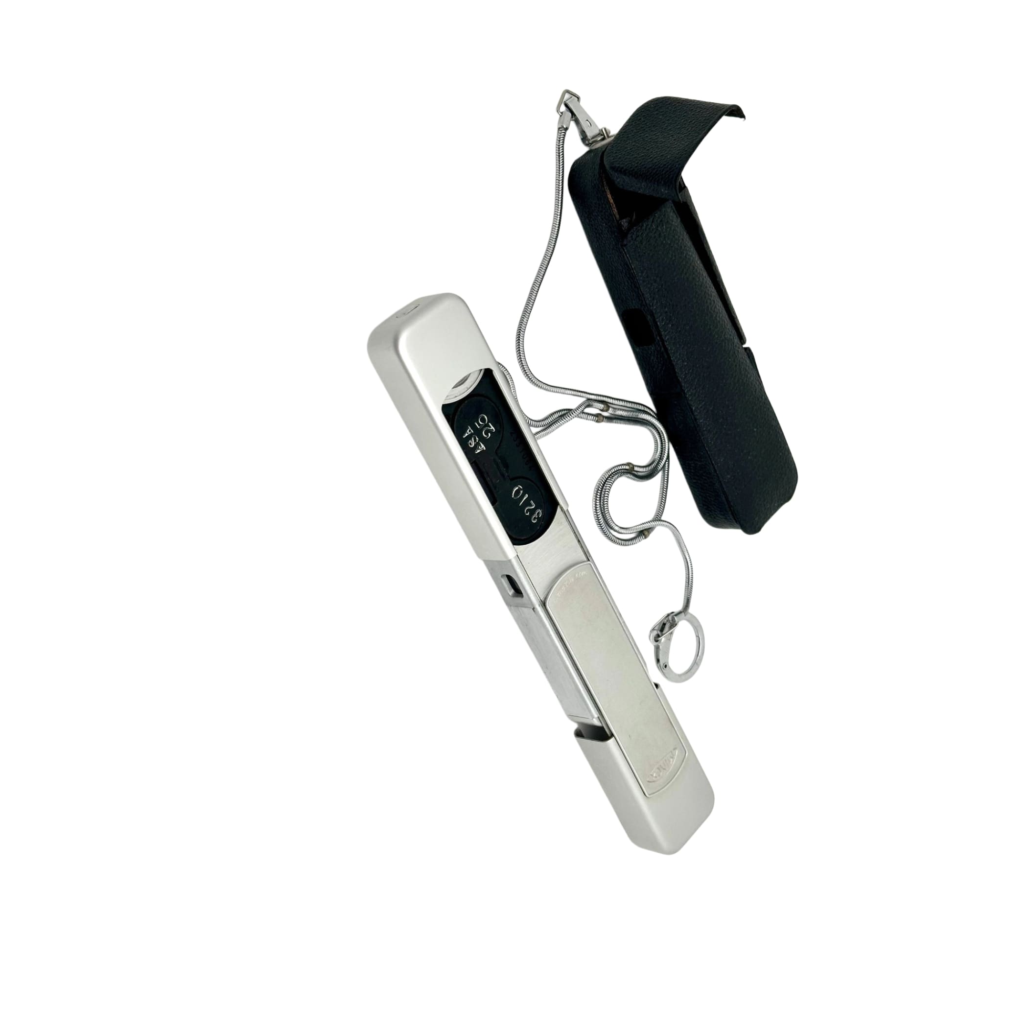 Silver digital thermometer with a sleek, rectangular design and black display screen.