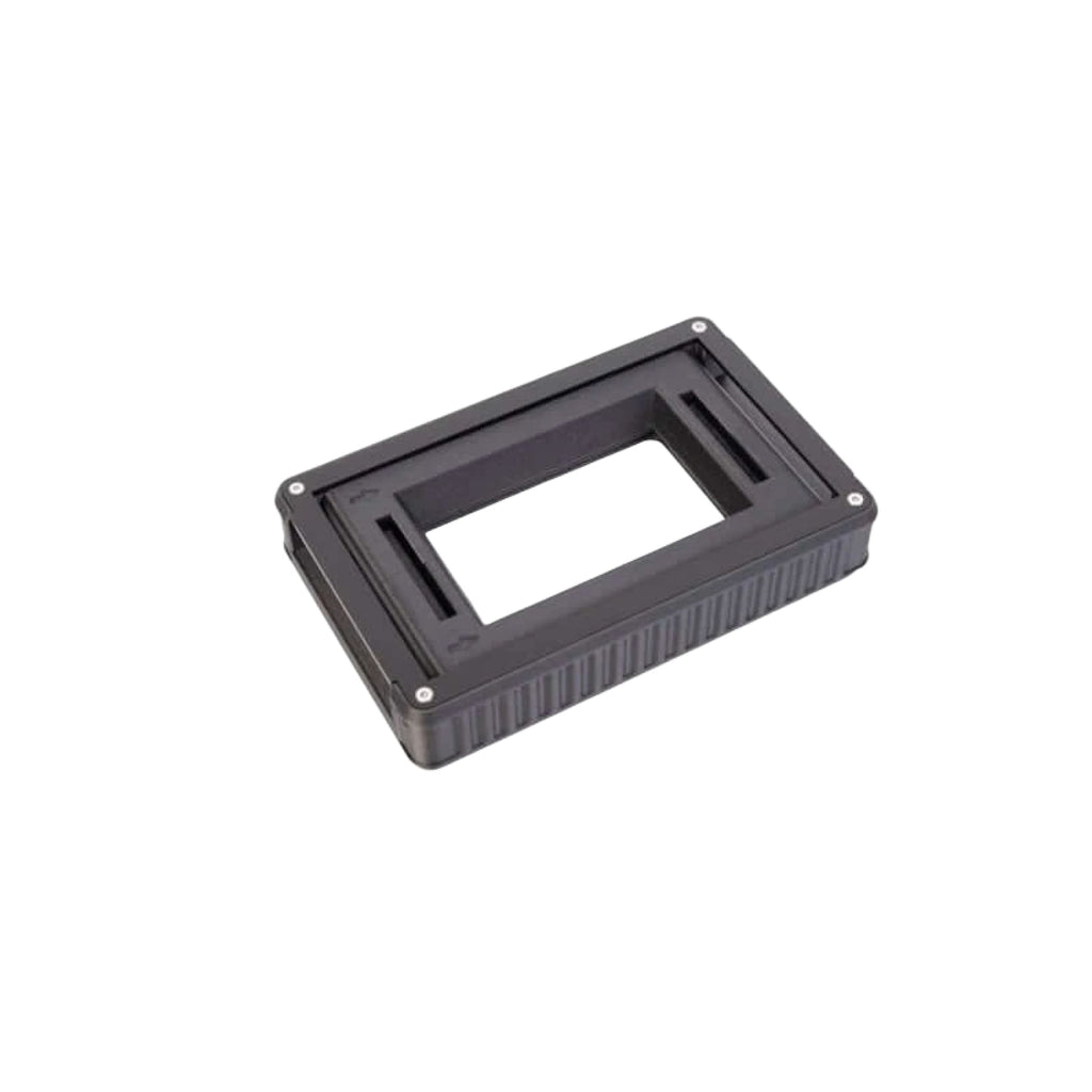 Black plastic lens adapter with textured sides and silver screws.