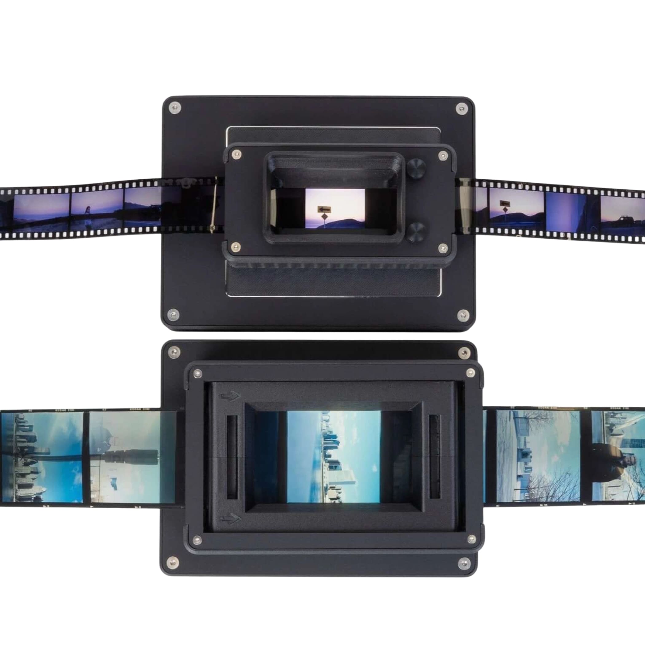 Black film scanner with two rectangular scanning units, each displaying a strip of photographic negatives.