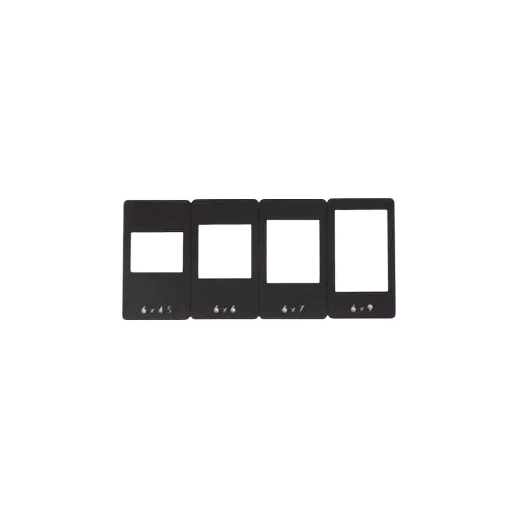 Set of four black rectangular photo frame inserts, each with a white central opening and small silver logo at the bottom.
