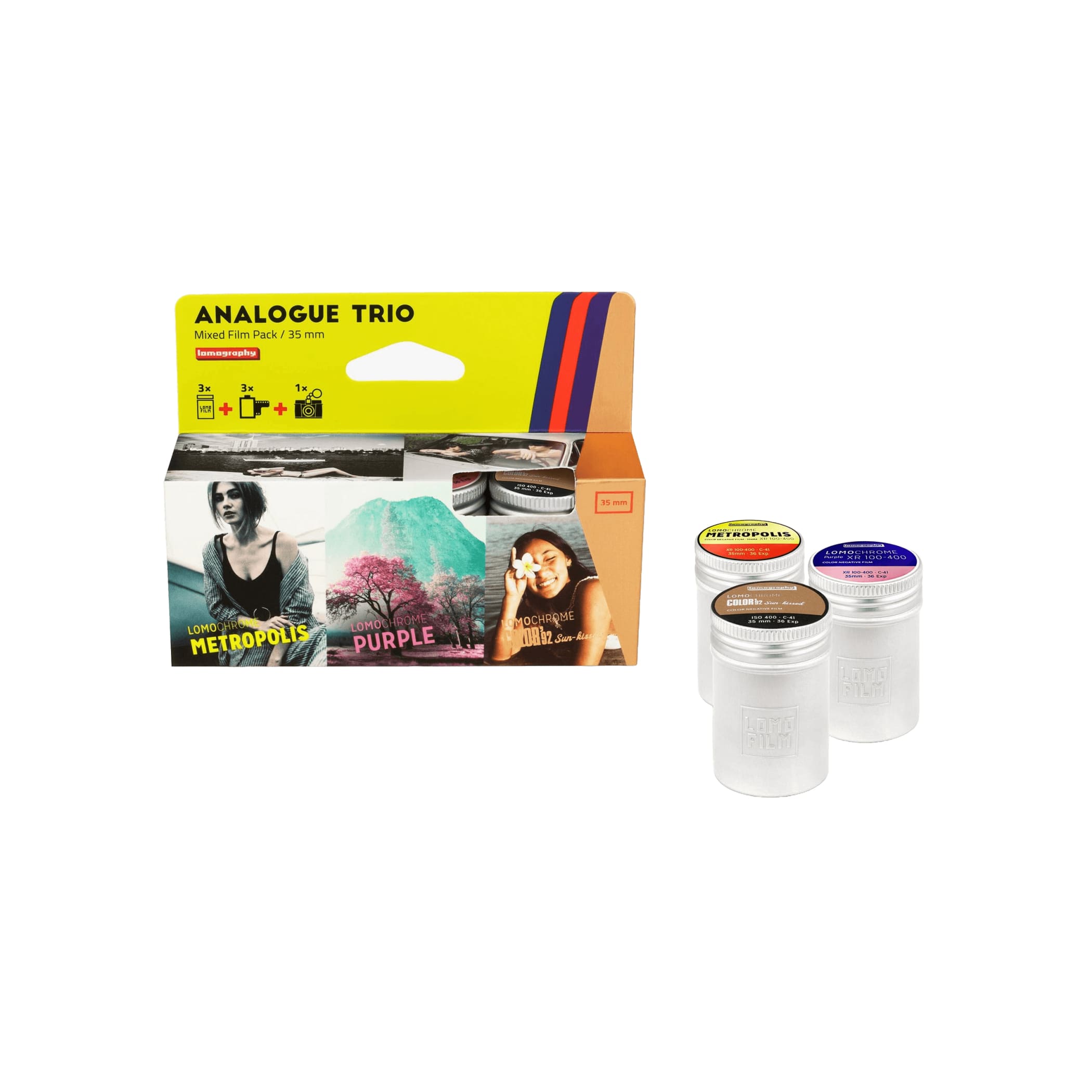 Lomo film pack in a vibrant yellow and orange box with three distinct 35mm film types: metropolis, purple, and noir.