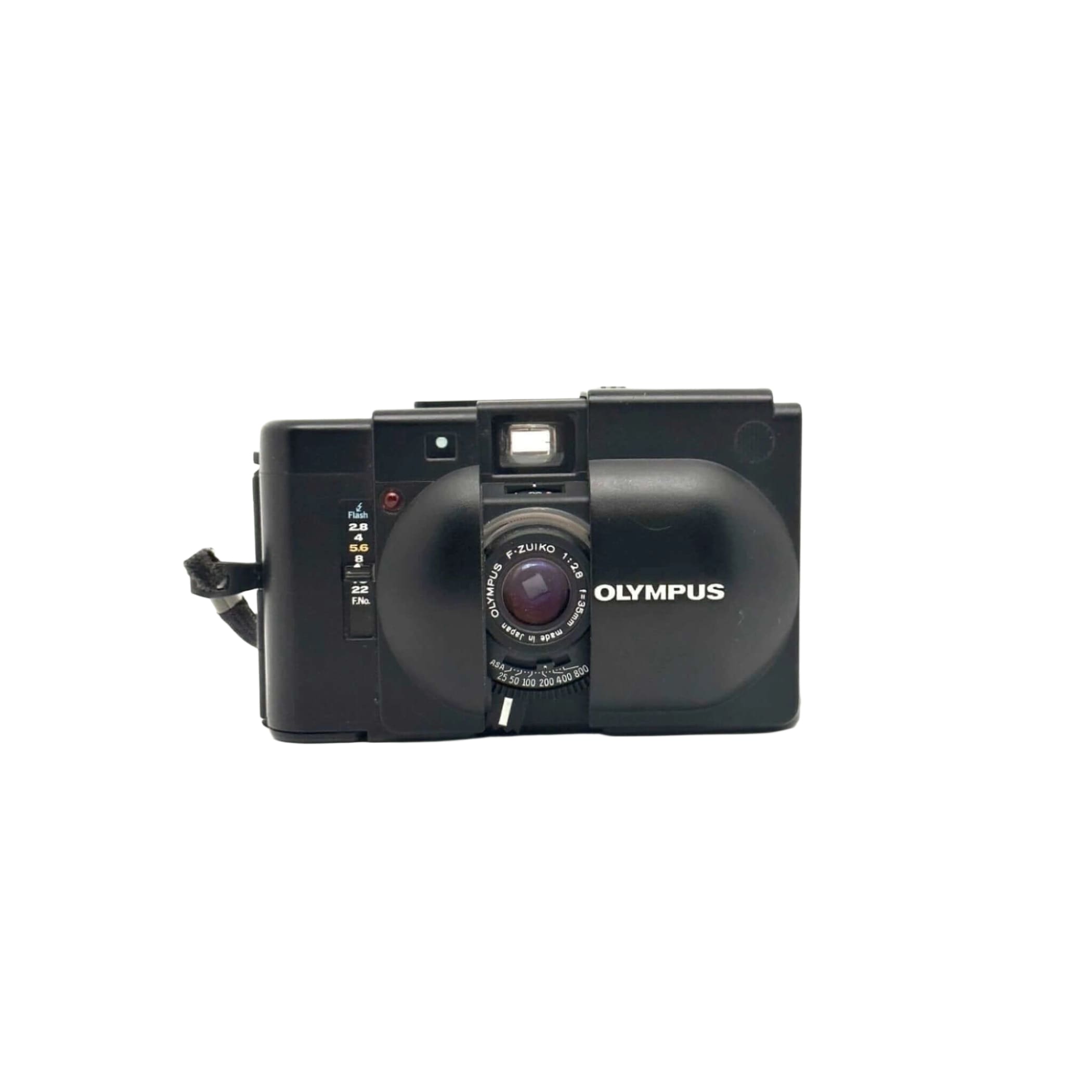 Black olympus xa-1 instant camera with a rounded lens and film counter.