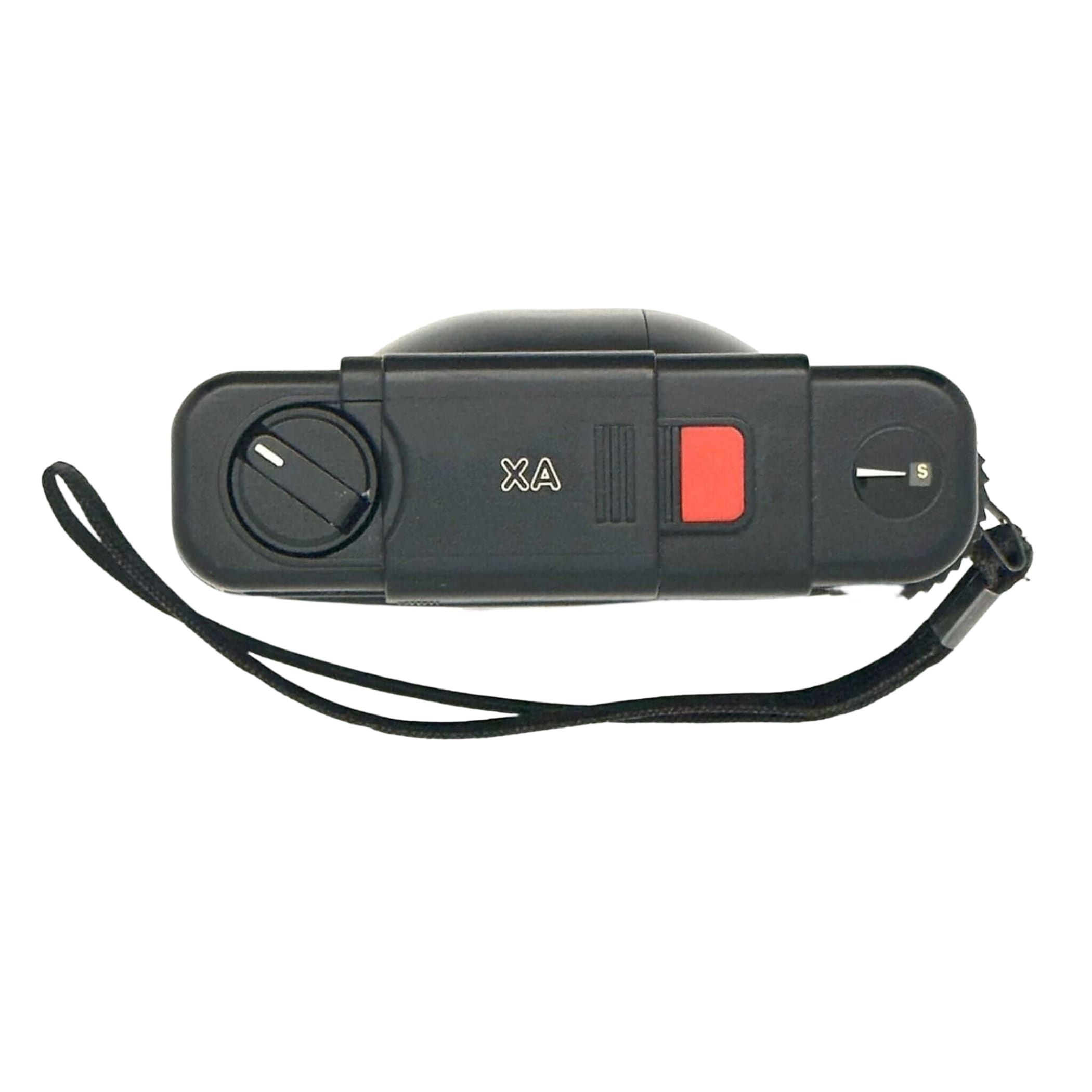 Black compact camera with red shutter button and ’xa’ branding on the top panel.