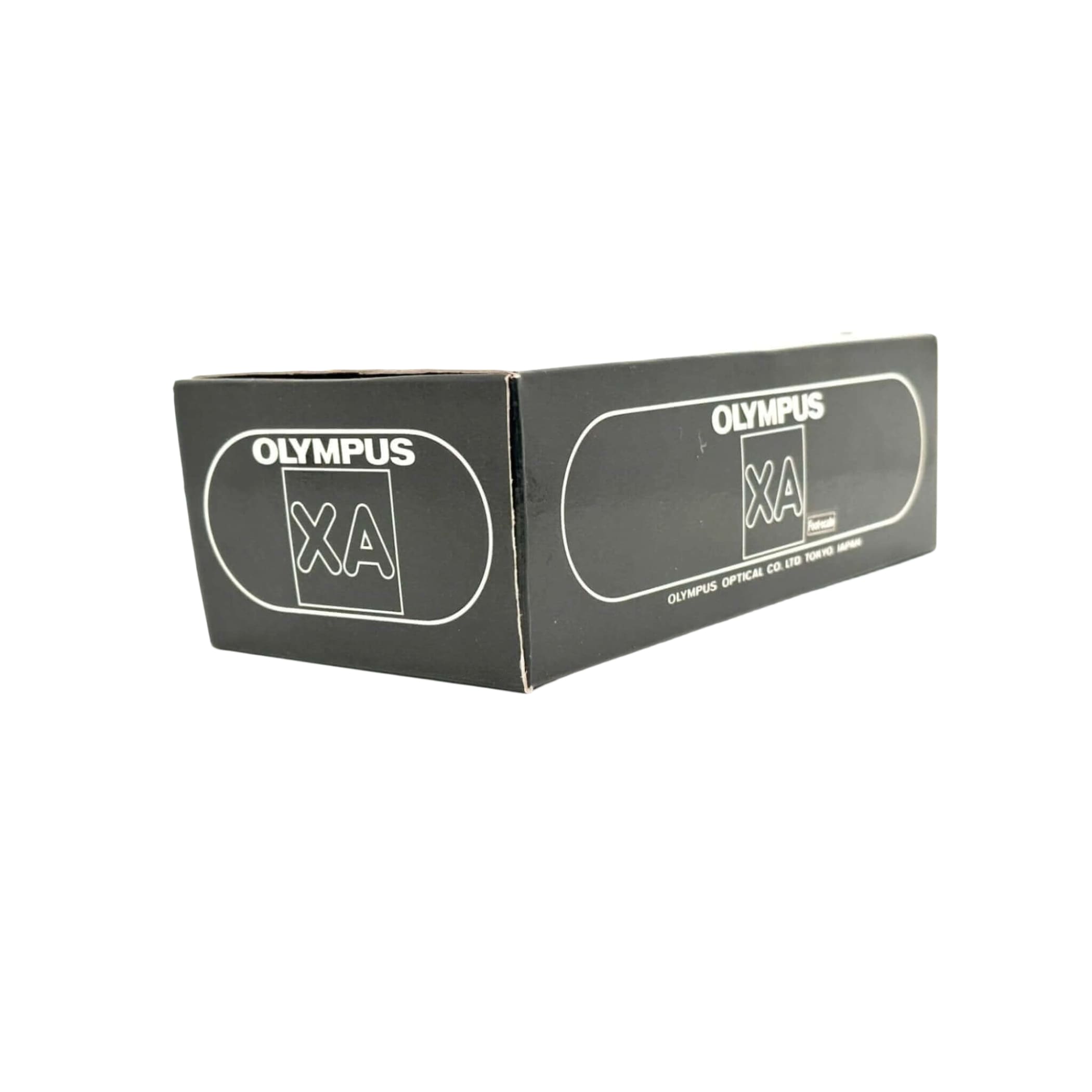 Black rectangular box with white ’olympus xa’ branding and a small logo, featuring the text ’olympus optical co., ltd.