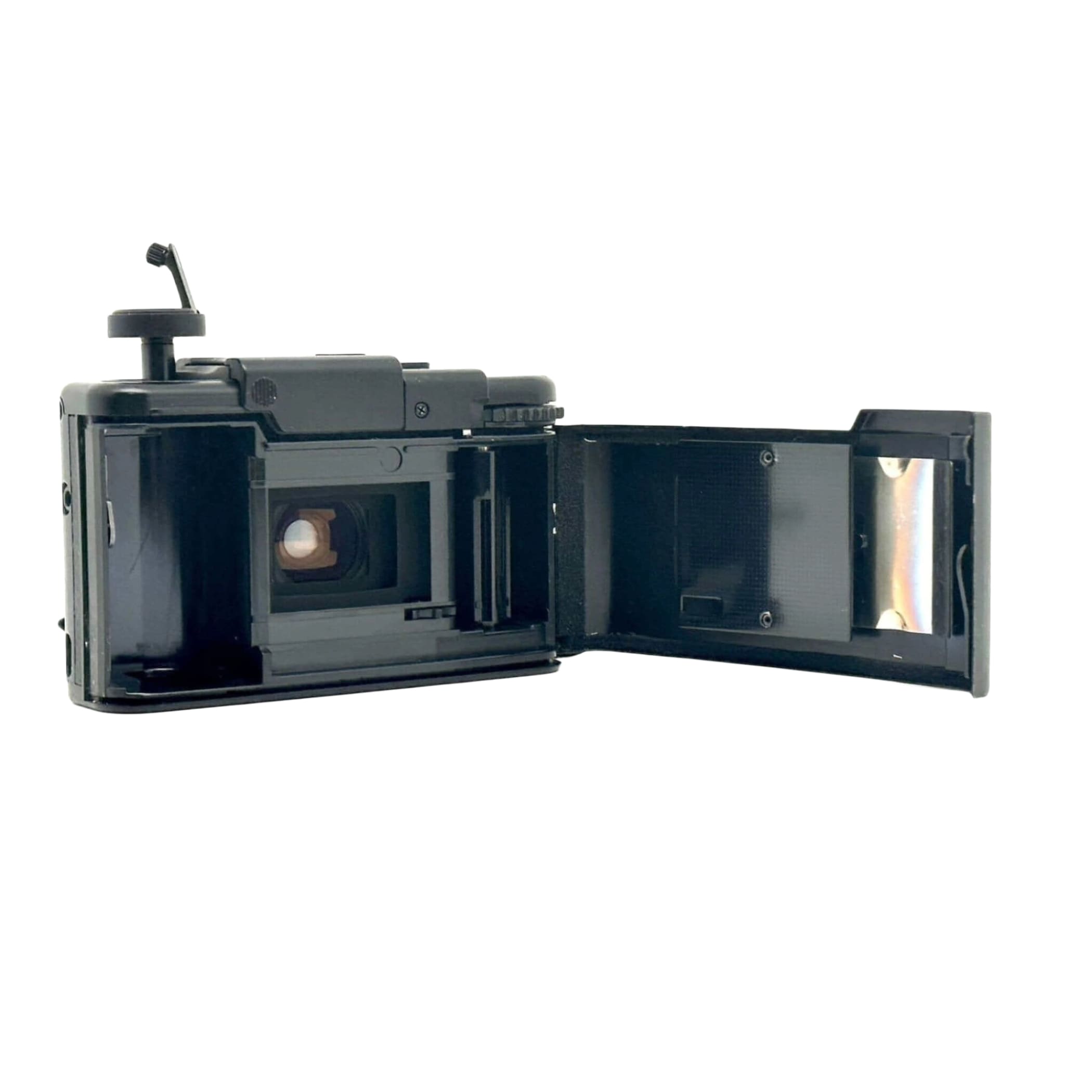 Black plastic rangefinder camera with hinged back open to reveal internal components