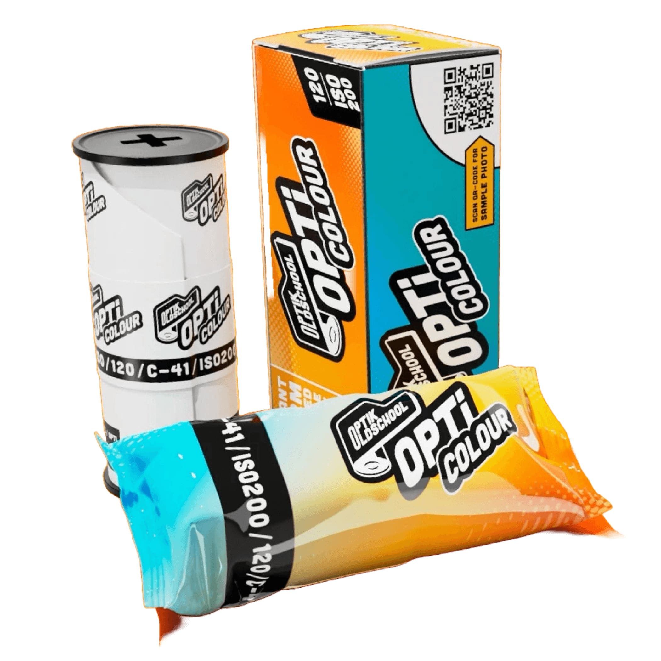 Orange and blue wrapped opti colour film canister with black labeling.