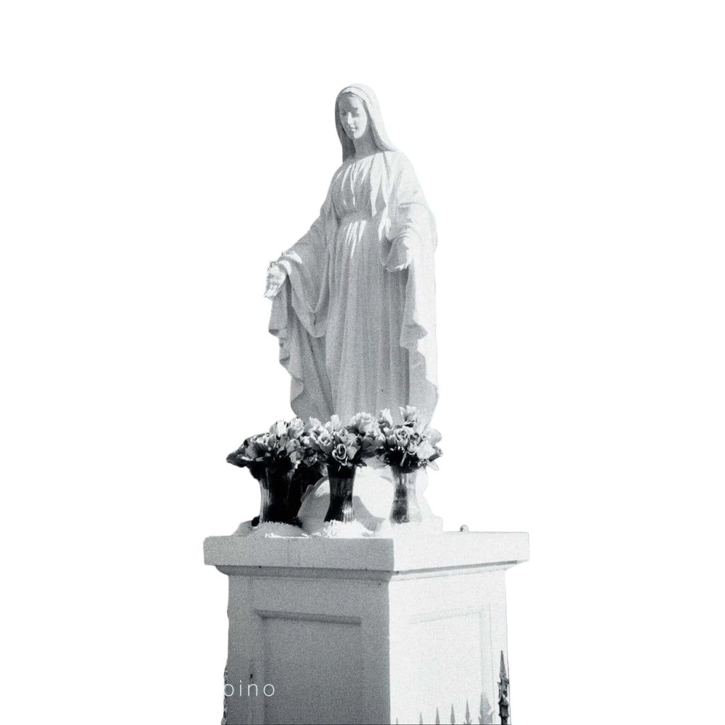 White marble statue of the virgin mary standing on a pedestal with flowers at its base.