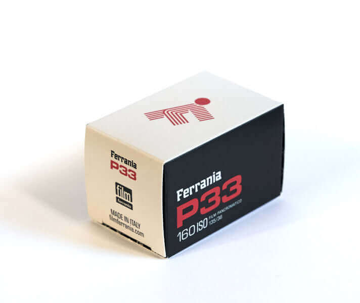 Ferrania P33 160 ISO film box on white background