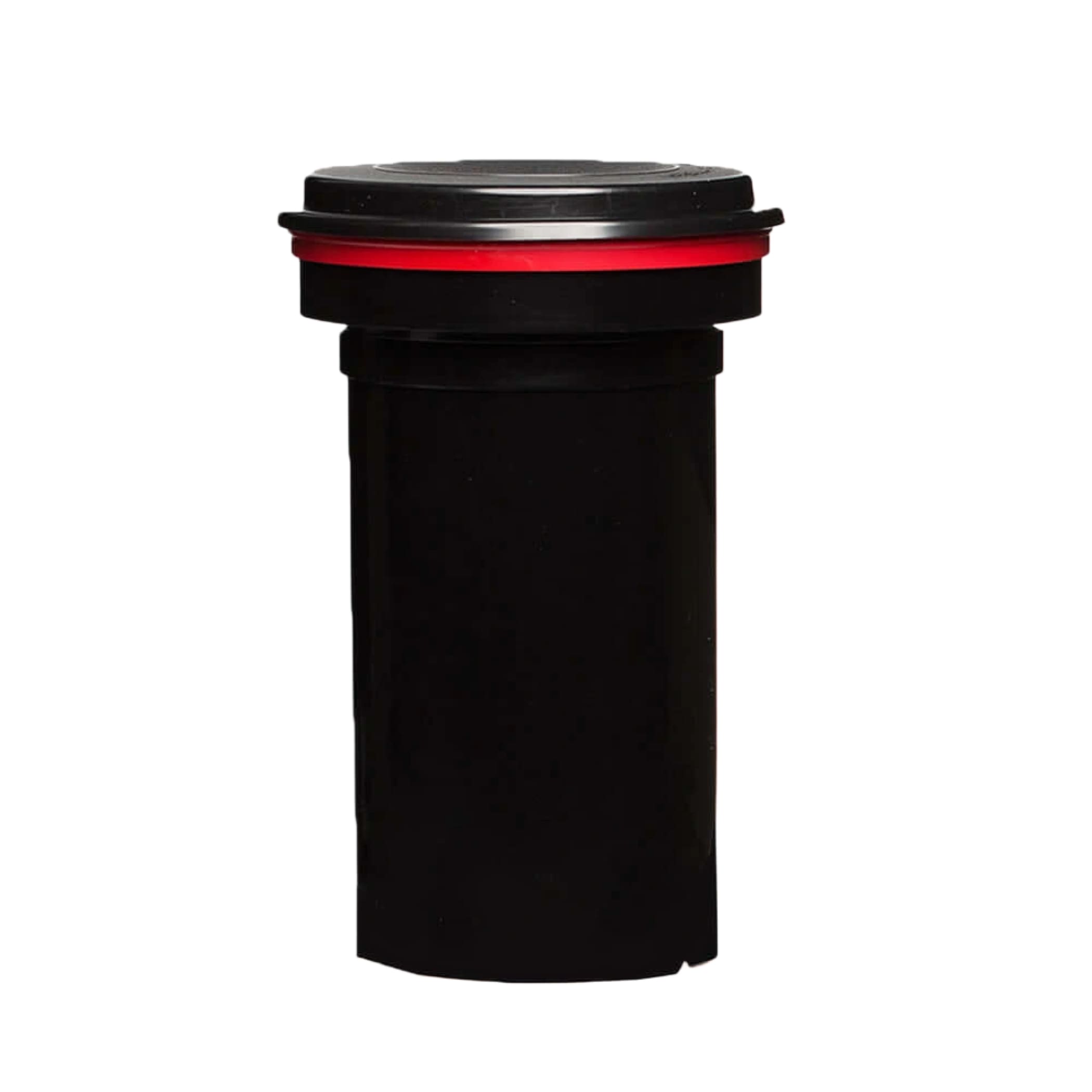 Black cylindrical container with a matching black lid accented by a vibrant red ring around its base.