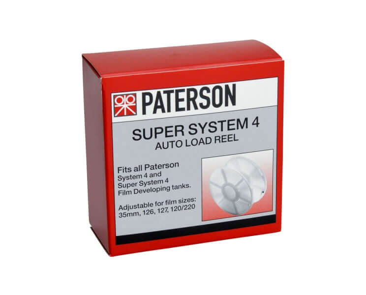 Paterson Super System 4 Auto Load Reel packaging for efficient film development, compatible with various film sizes.