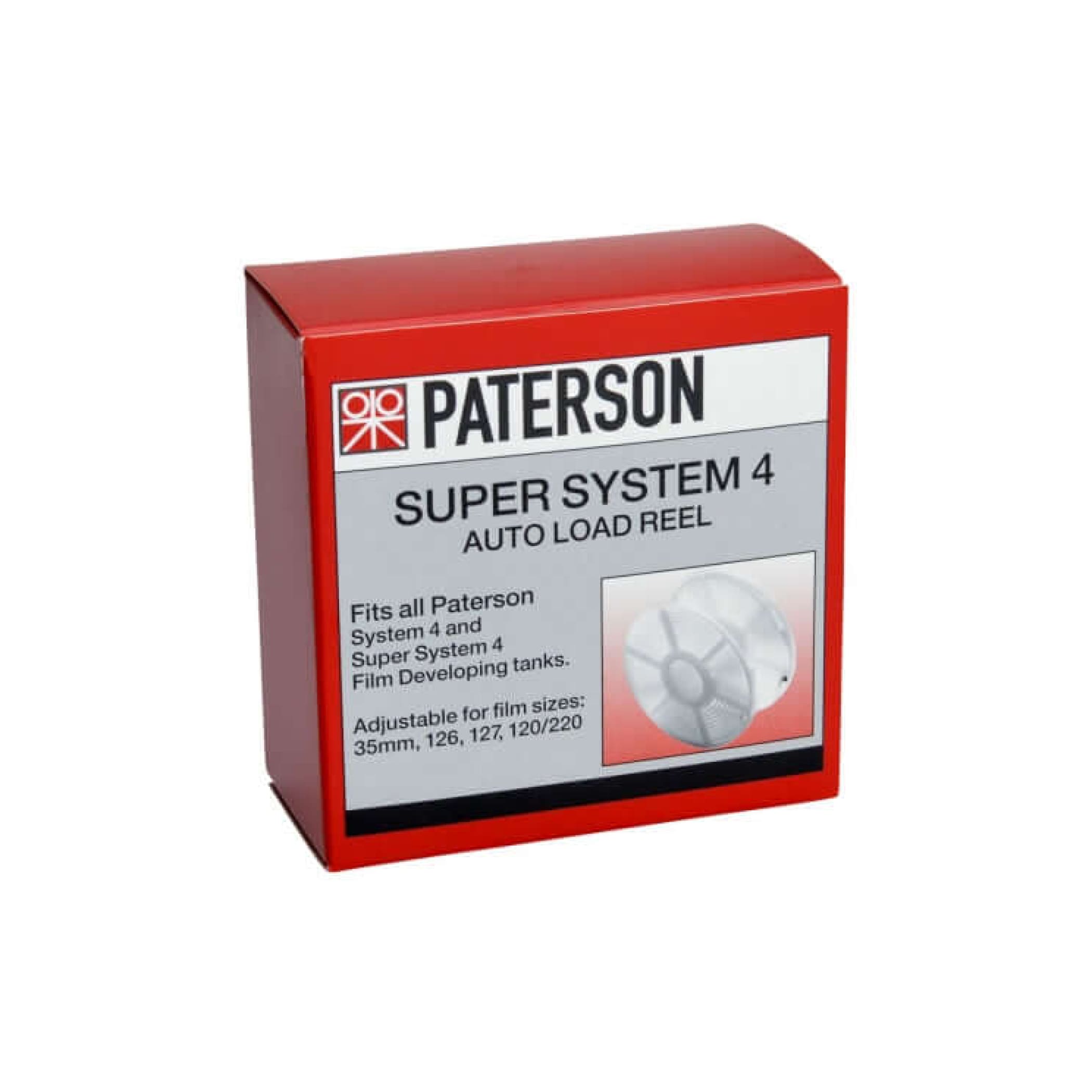 Red cardboard box for a paterson super system 4 auto load reel.