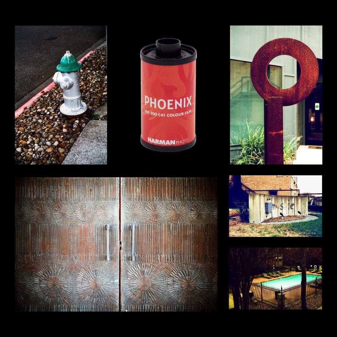 Collage of six images featuring a fire hydrant, Phoenix film canister, circular sculpture, ornate doors, building structure, and a swimming pool.