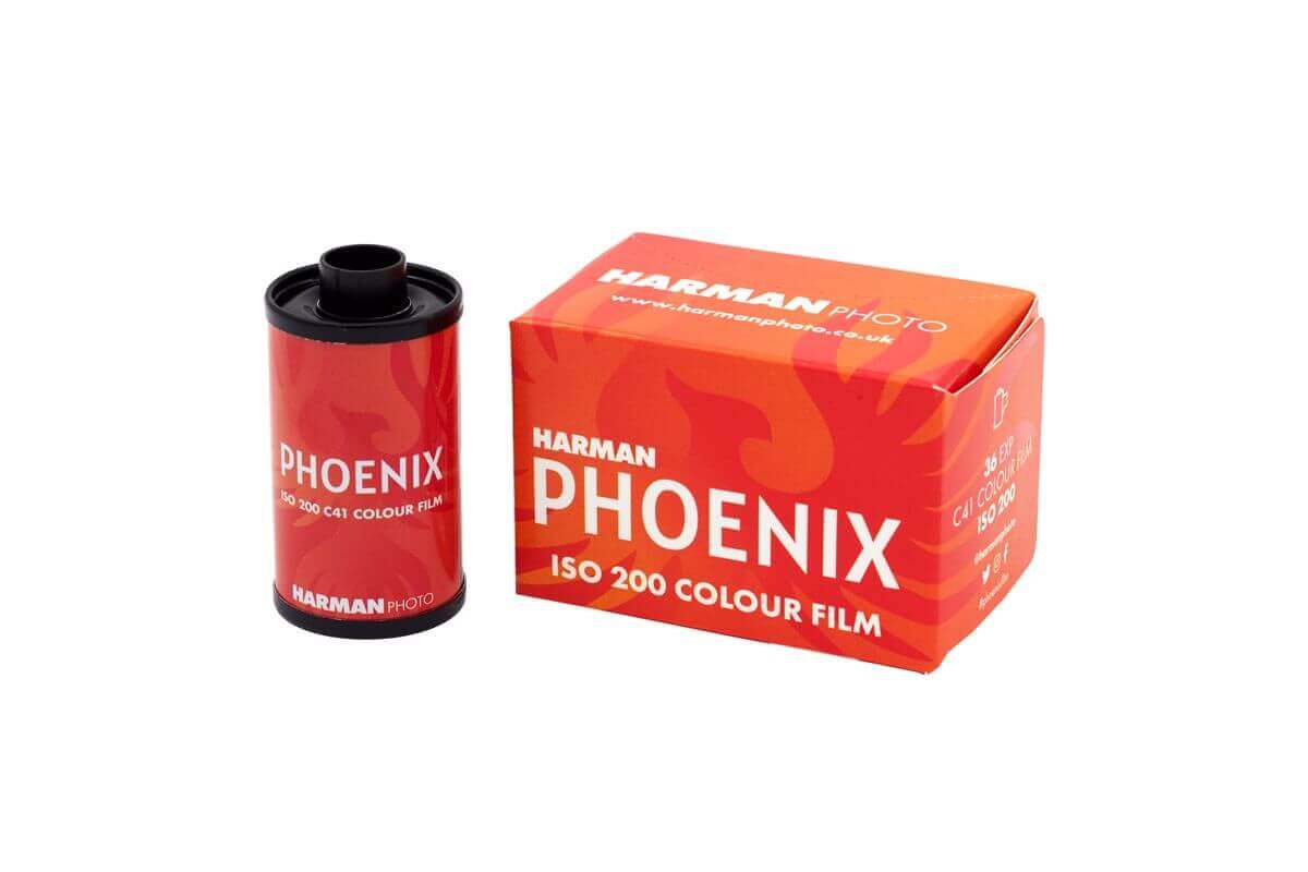 Harman Phoenix ISO 200 color film roll and box, vibrant red packaging, ideal for high-quality photography.