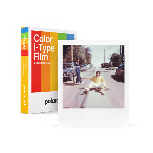 Polaroid Color I-Type Instant Film pack with white frame photo, perfect for vibrant instant photography.