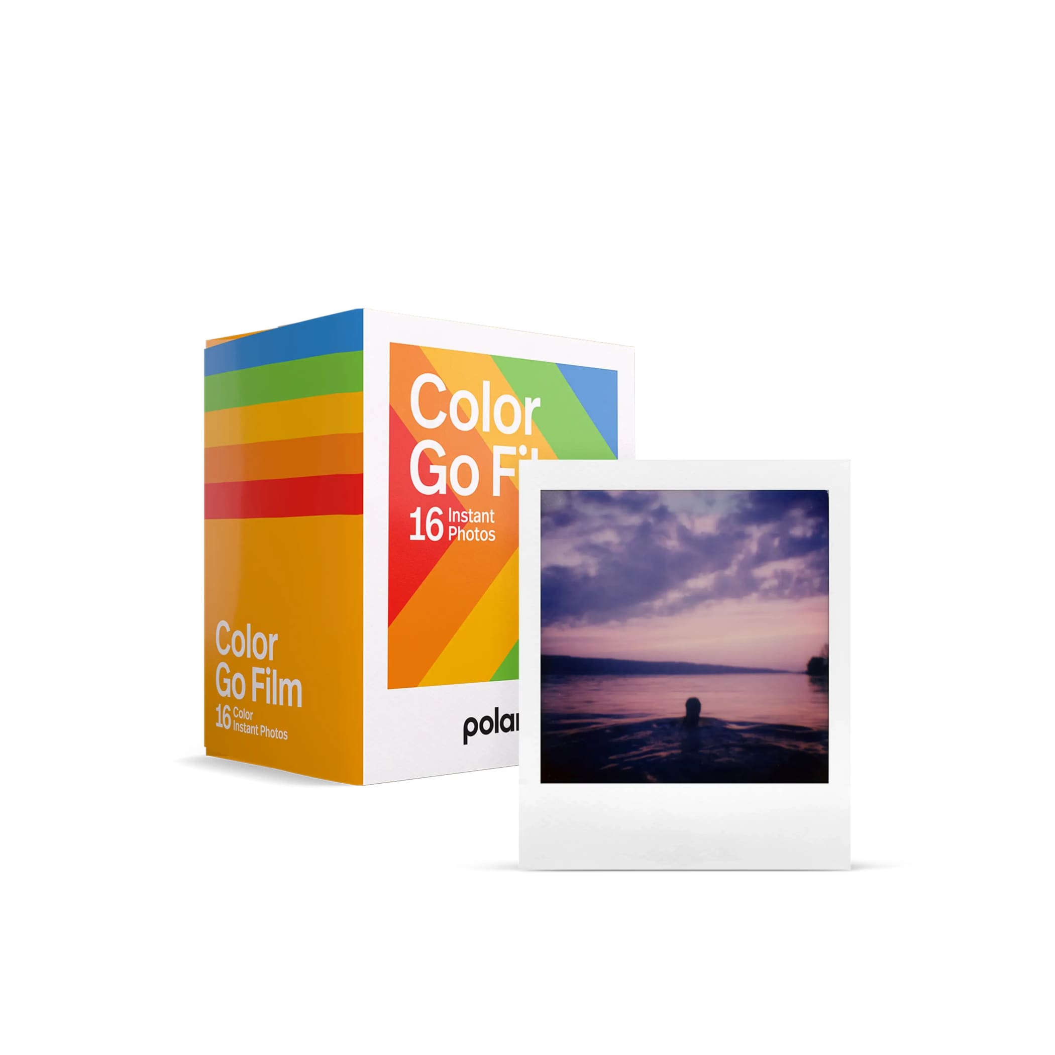 Polaroid color go film box with rainbow-striped design and a sample instant photo of a sunset over water.