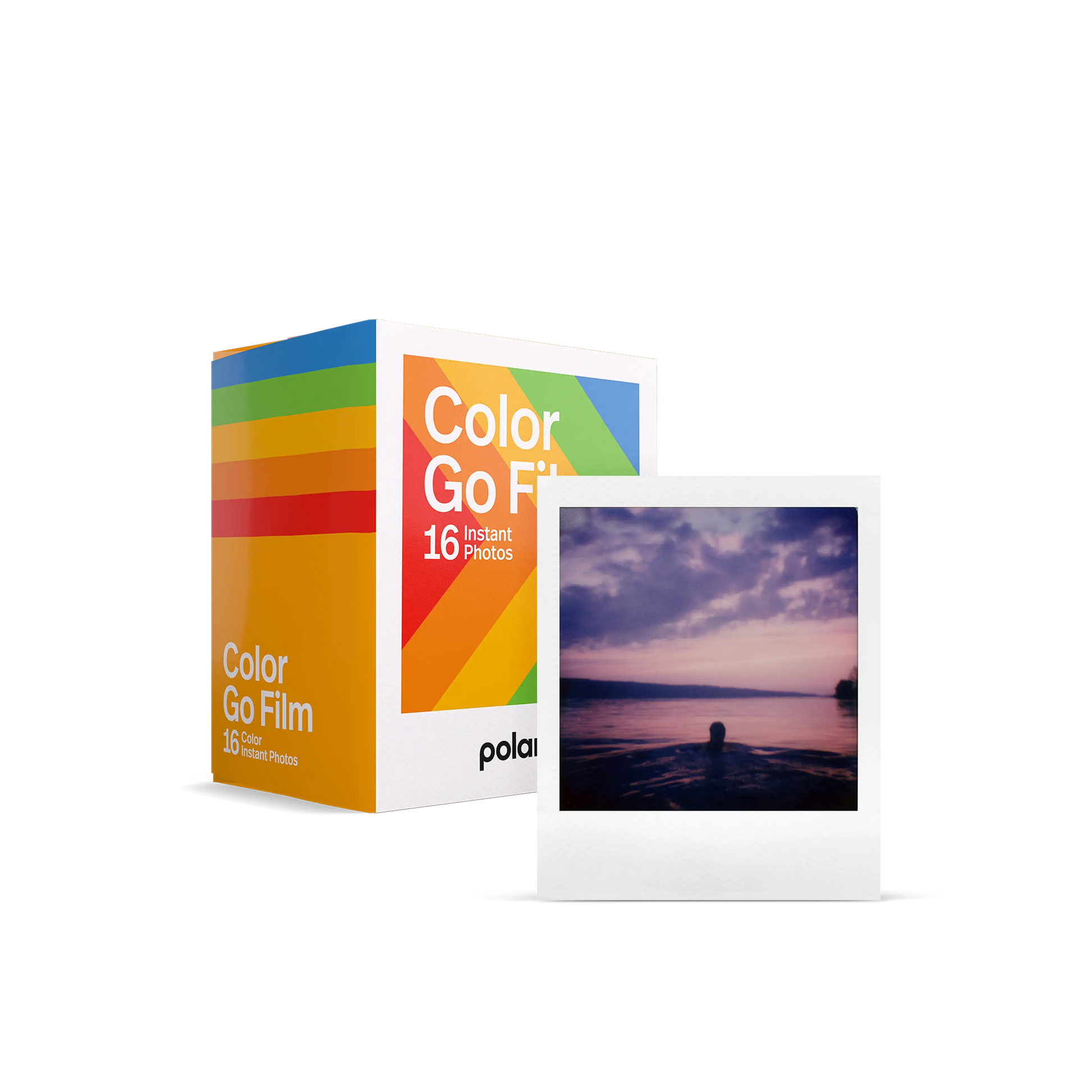 Polaroid Go color instant film double pack with 16 photos, showcasing an instant photo and vibrant packaging.