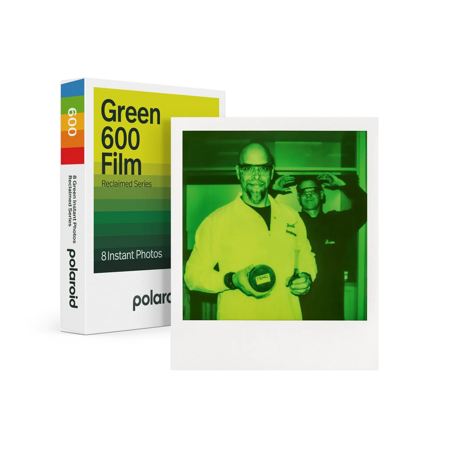 Polaroid Green 600 Film - Reclaimed Series box with green-hued instant photo sample