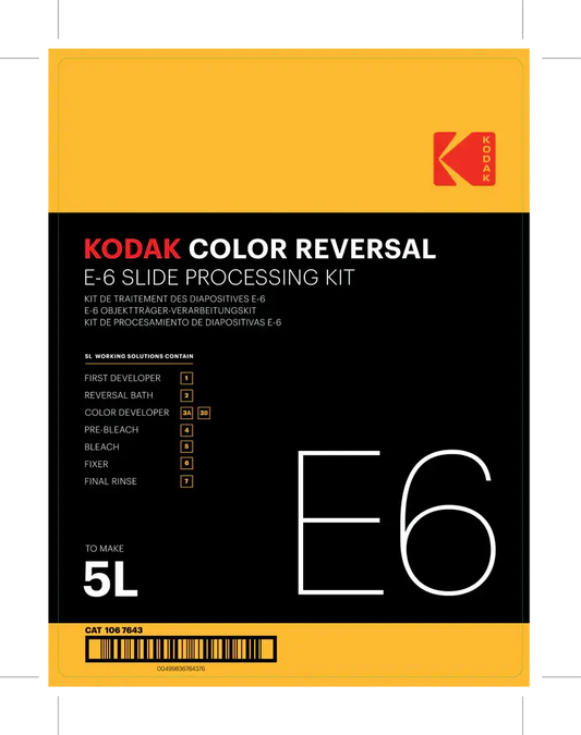 PRE-ORDER Kodak E6 Color Slide Positive Developing Kit 5L packaging, featuring instructions and components for slide processing.