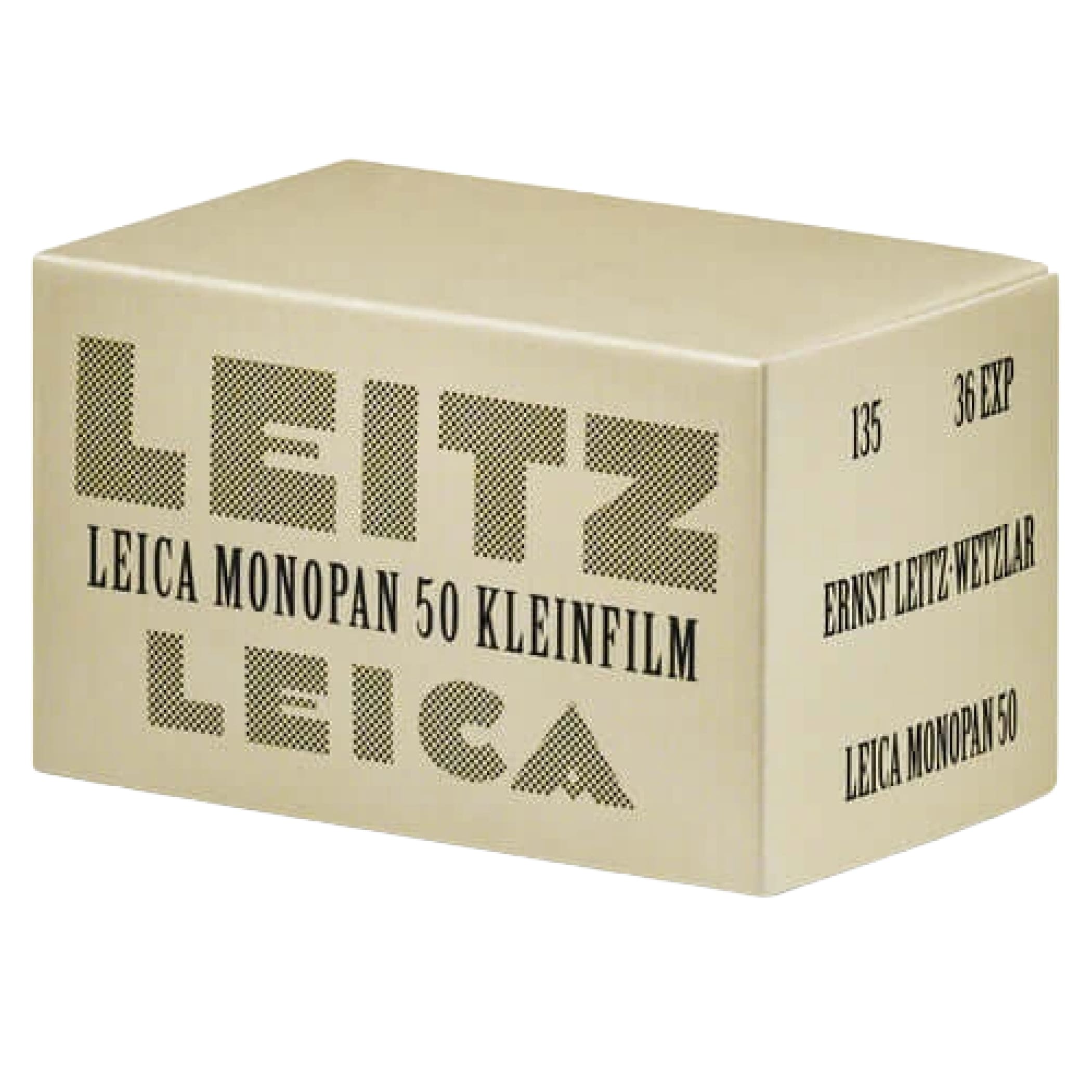 Beige cardboard box with black dotted typography reading ’leitz leica monopan 50 kleinfilm’ and additional text including ’135 36 exp,’ ’ernst leitz wetzl