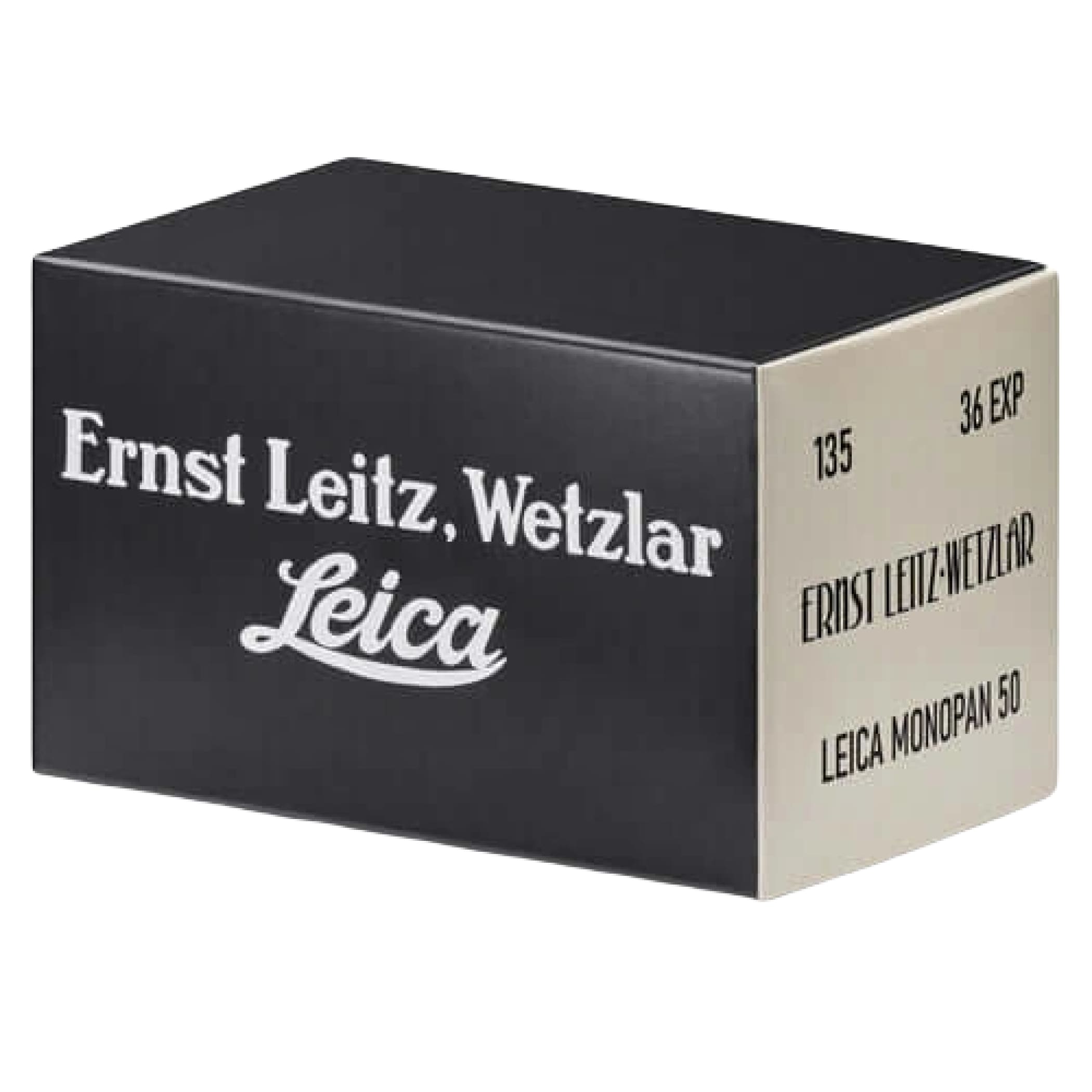 Black rectangular box with white lettering and logo, labeled ’ernst leitz, wetzlar’ and ’leica,’ indicating it contains a leica monopan 50 lens.