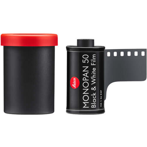 PRE-ORDER Leica Monopan 50 BW 35mm Film, 36 Exp 08/2027 Expiration in a canister and film roll.