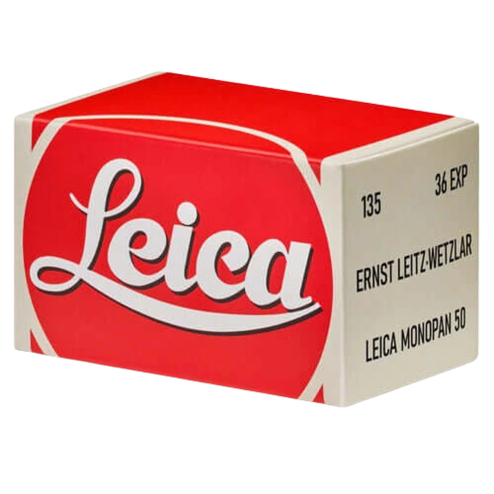 Red and white leica camera film box labeled ’leica monopan 50’’ with black text.