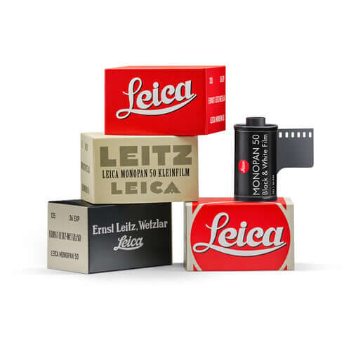 PRE-ORDER Leica Monopan 50 BW 35mm Film, 36 Exp 08/2027 Expiration packaging and film rolls.