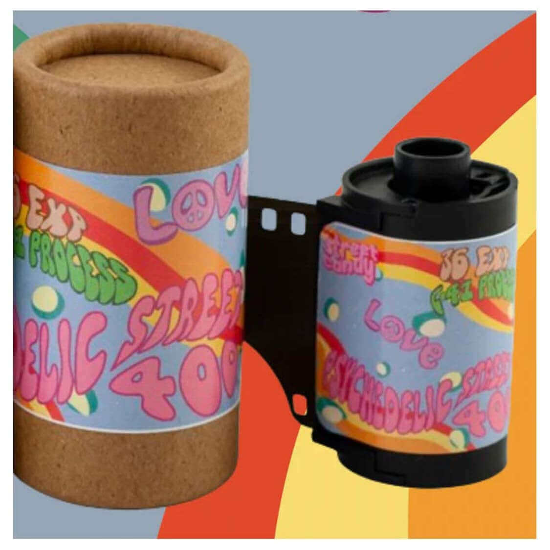 Psychedelic film roll and cylindrical container with colorful labels promoting 400 ISO for 35mm photography.