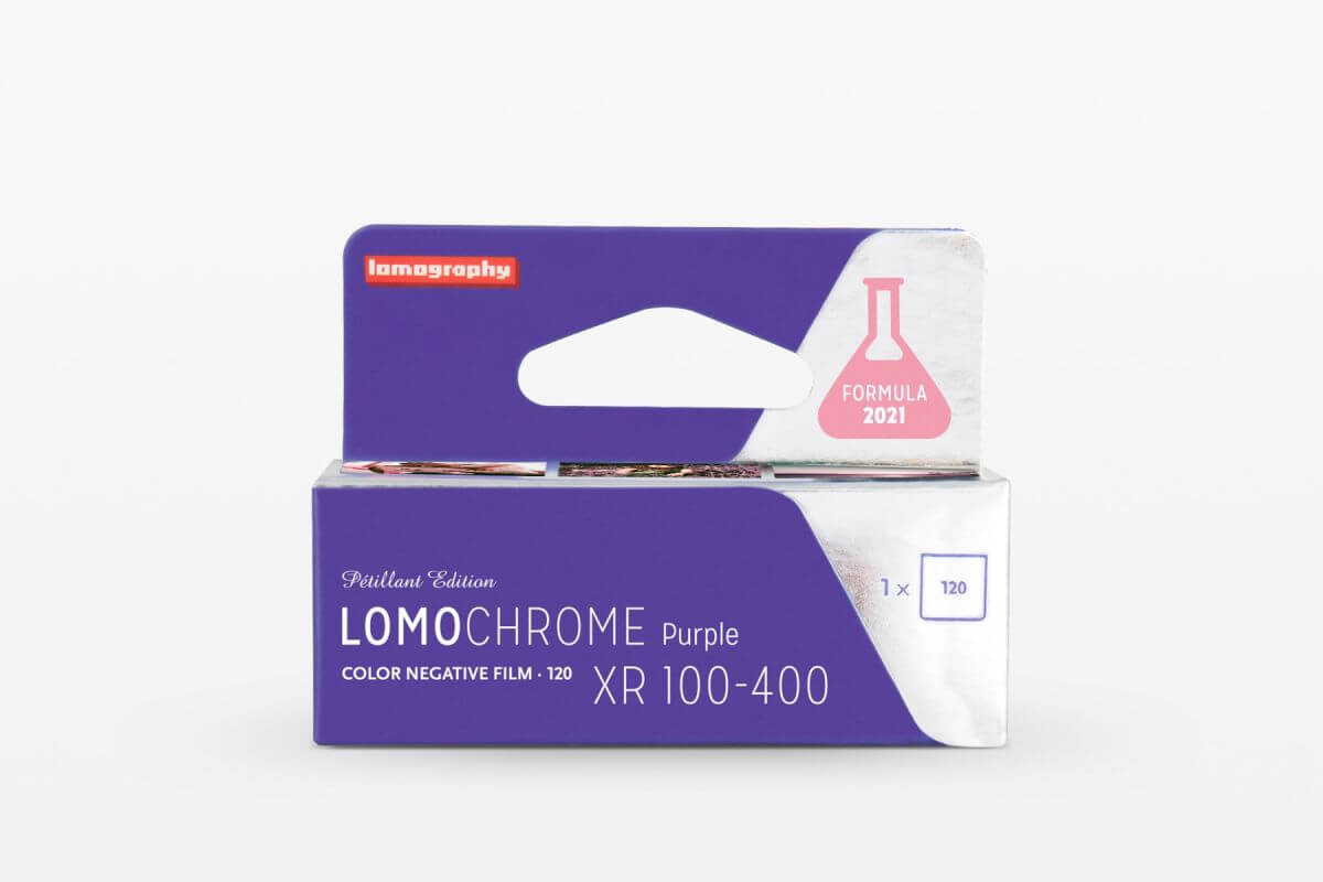 LomoChrome Purple XR 100-400 color negative film in purple packaging from Lomography.