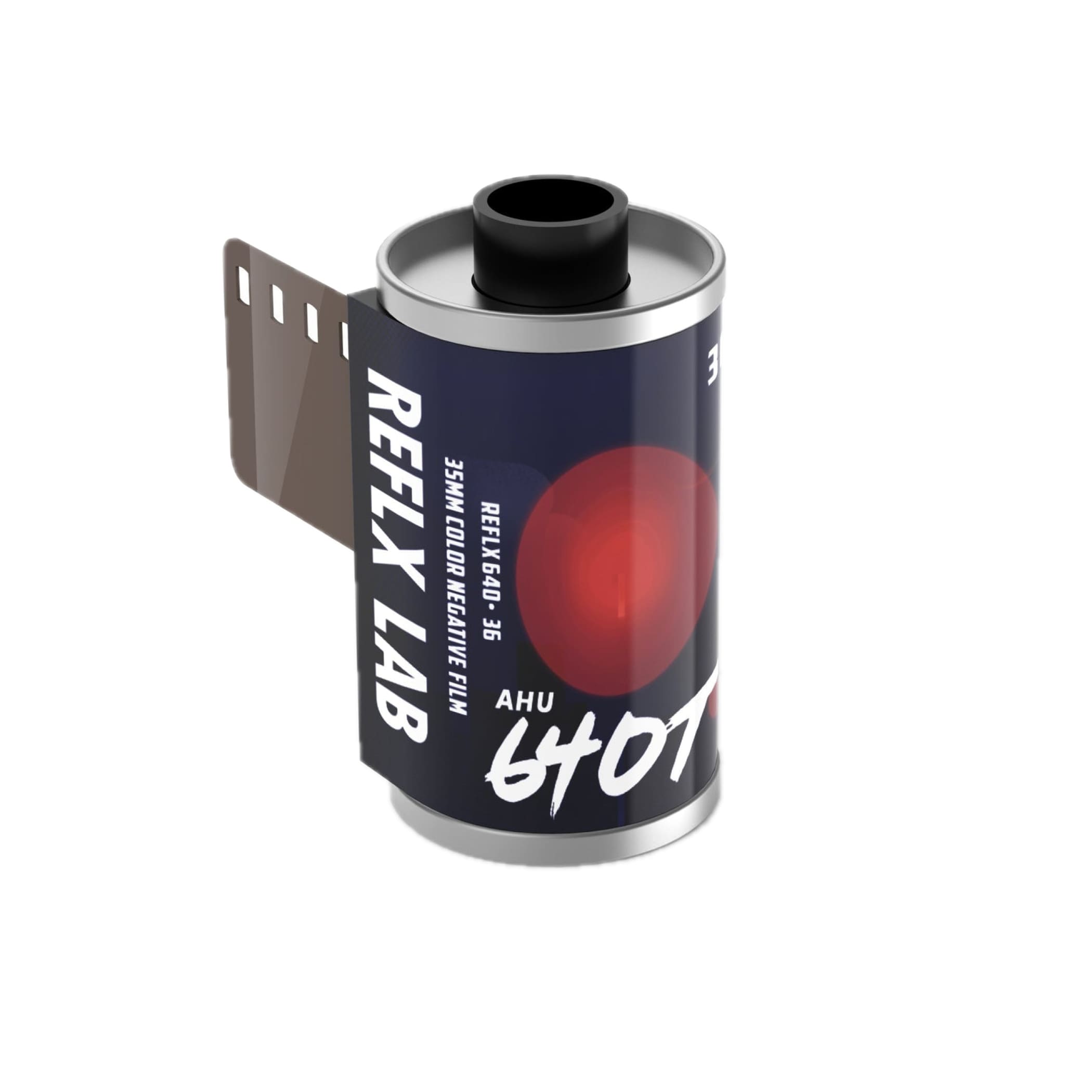 A sleek black and silver cylindrical roll of reflex lab 35mm color negative film, featuring a bold red circular design on its label.