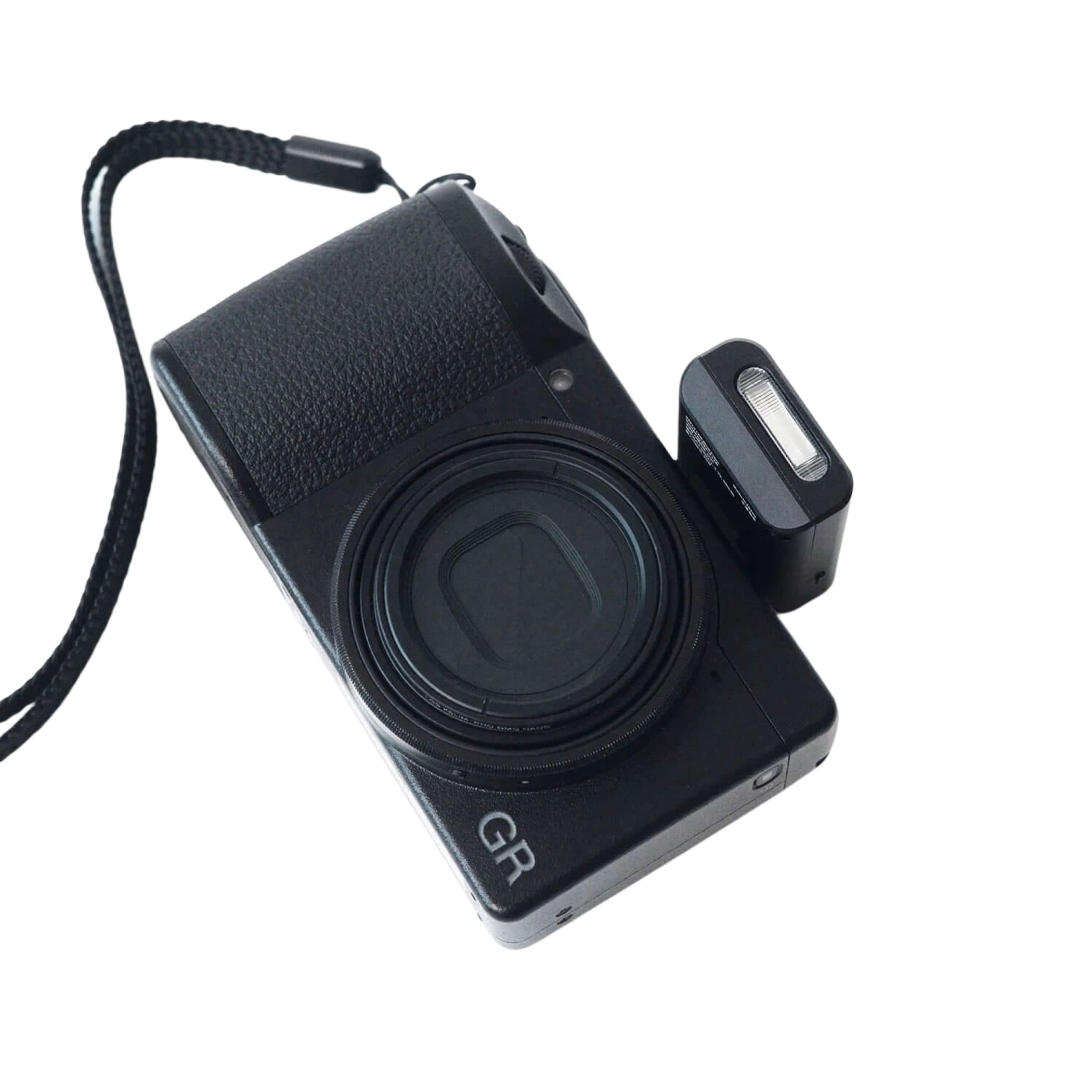 Black gr series compact camera with textured grip and attached flash unit.