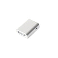 Silver rectangular portable phone charger with a usb port and an integrated led light on the front.