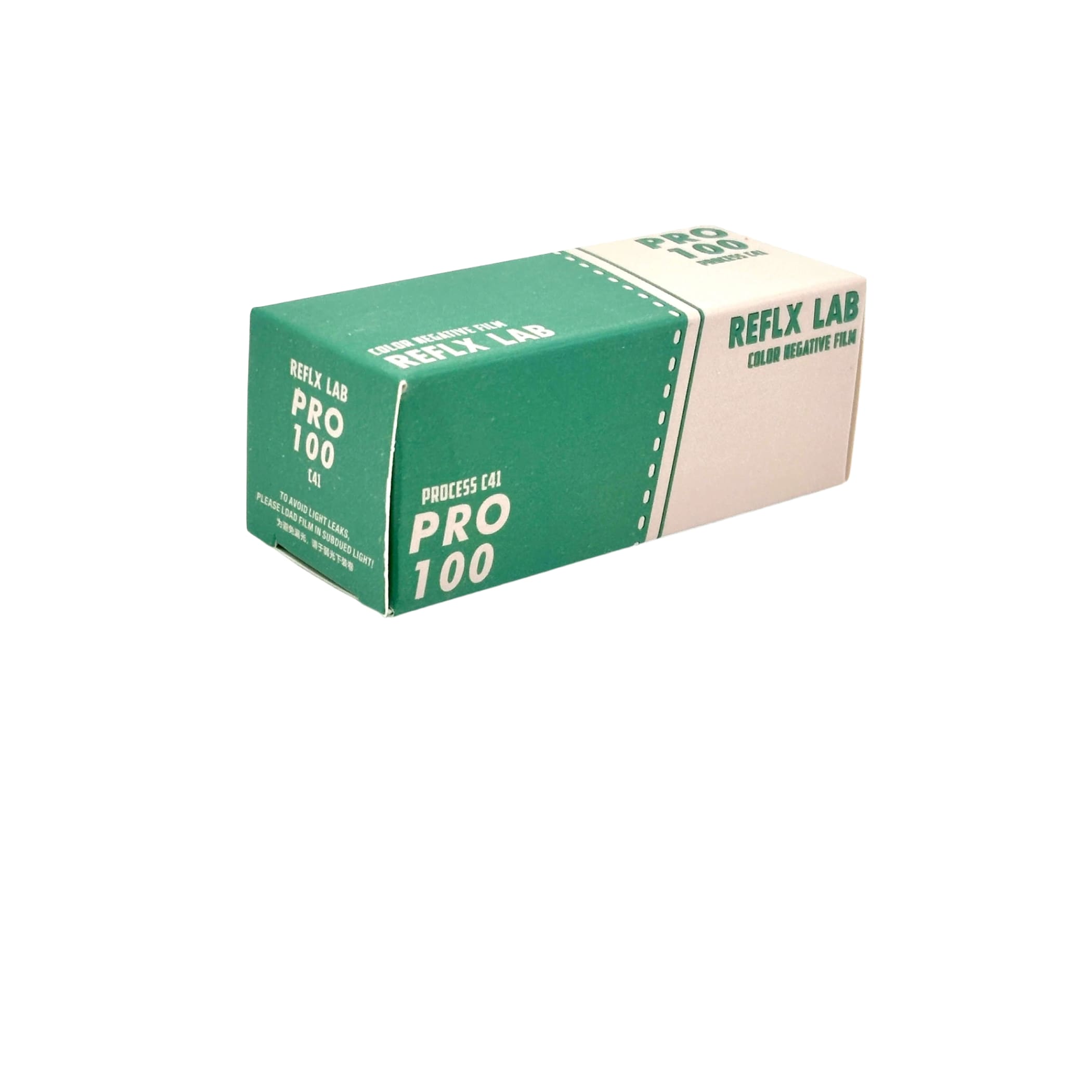 Green and beige rectangular box of reflex lab pro 100 color negative film.