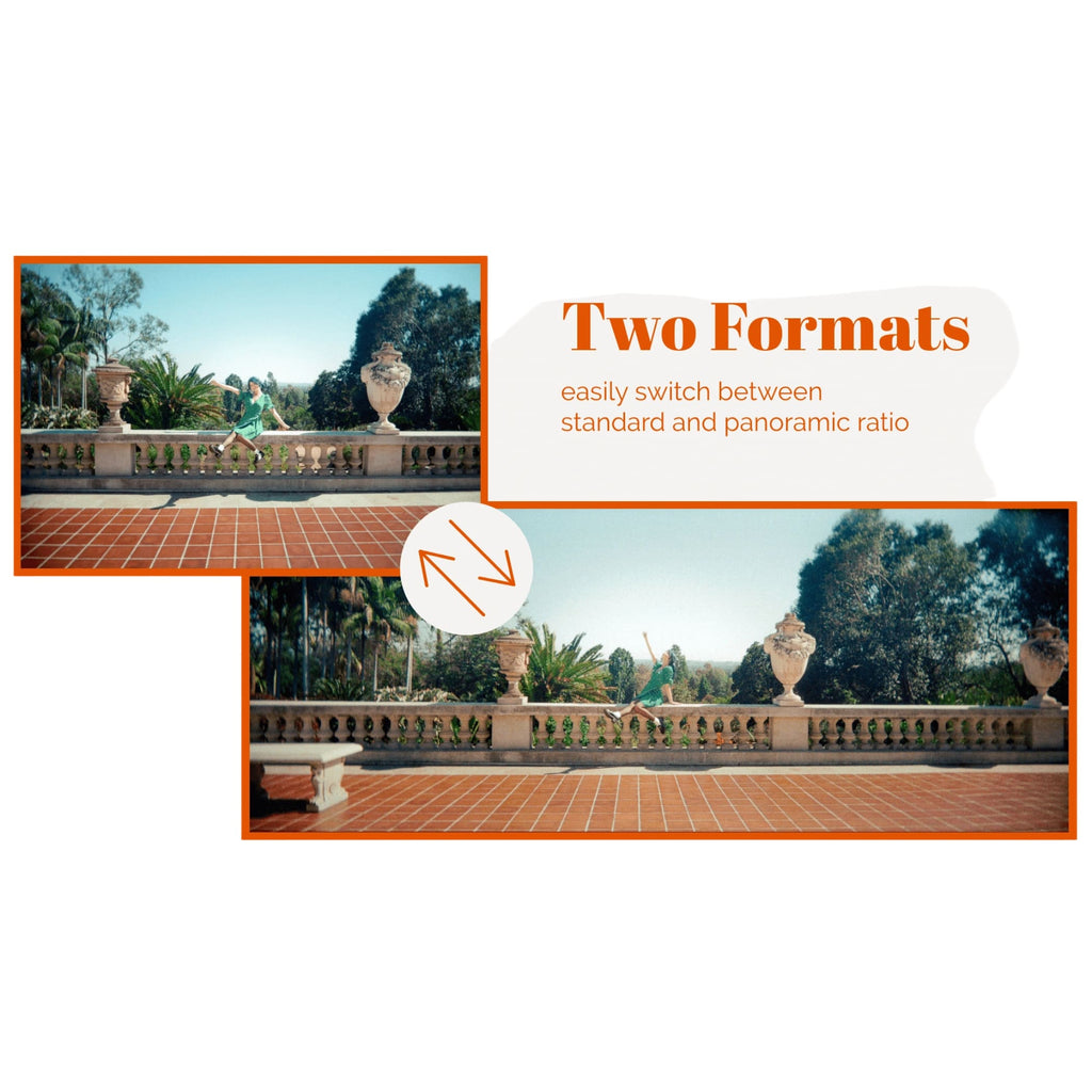 The image displays two formats of a panoramic photograph featuring an outdoor scene with ornate stone urns and tiled walkways.